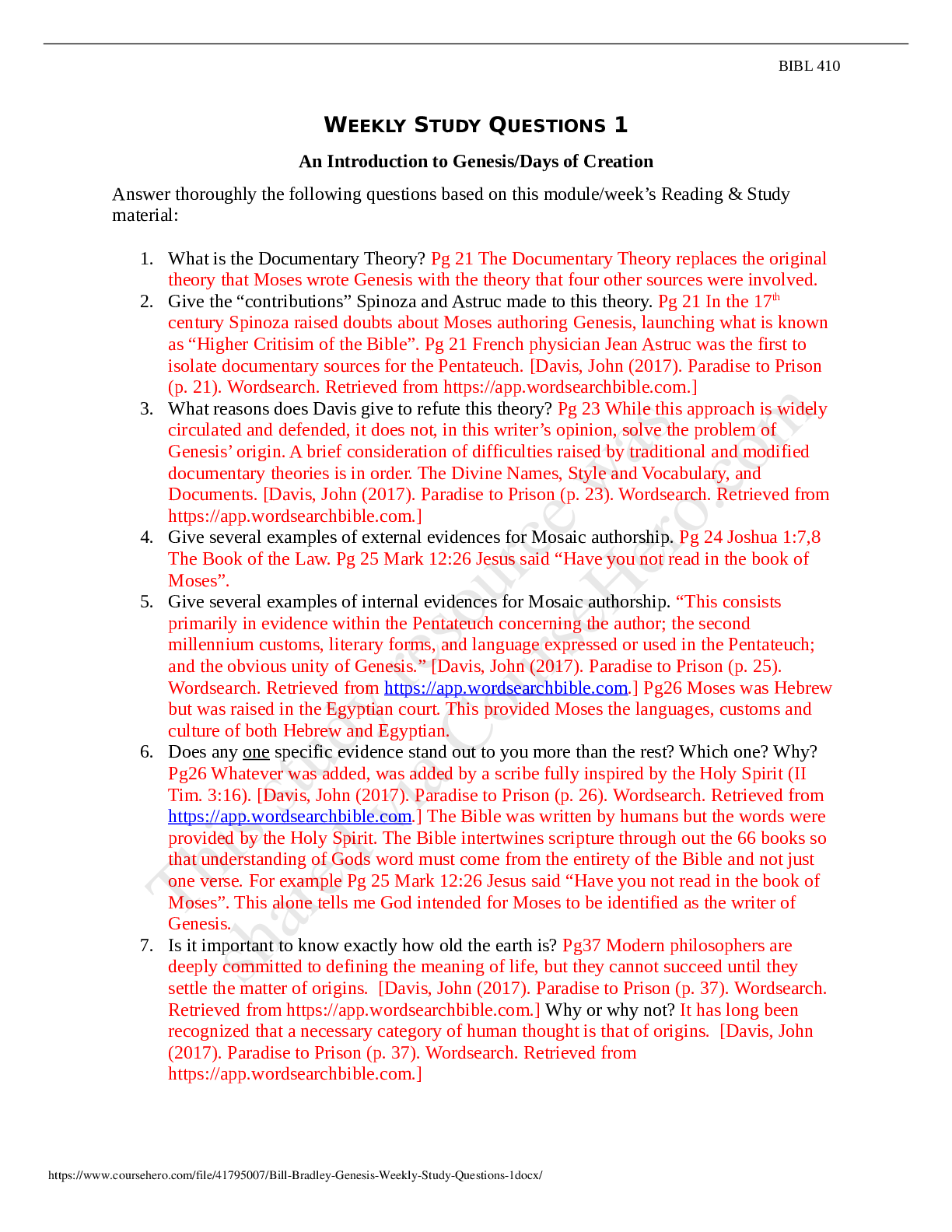 Preview image for BIBL 410 Weekly Study Questions 1 Liberty University answers complete solutions.