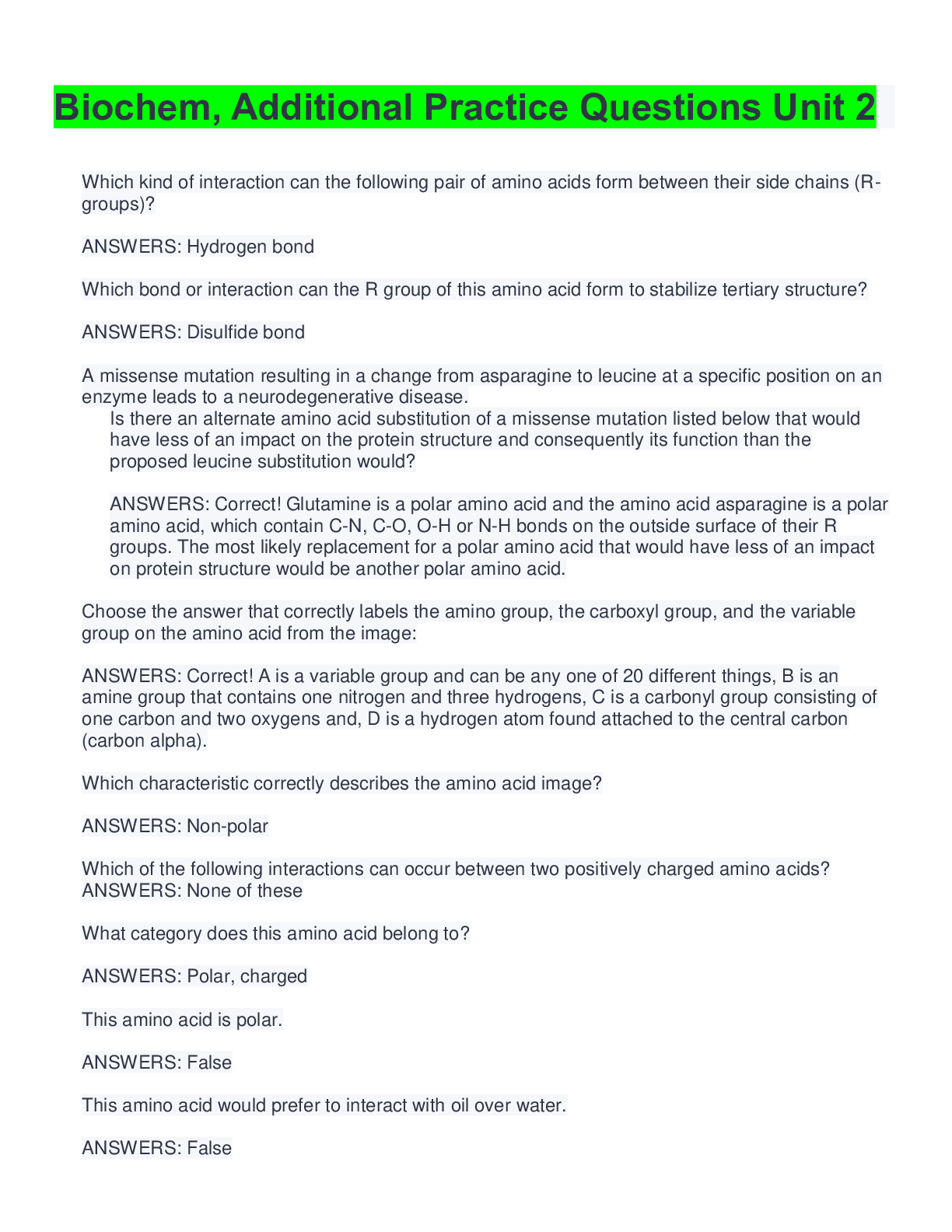 Preview image for Biochem, Additional Practice Questions Unit 2