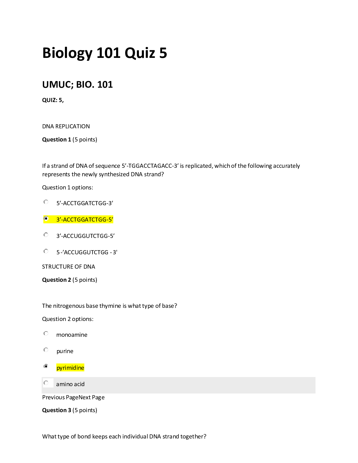 Preview of Biology 101 Quiz 5 Questions/Answers (100% Correct solution)