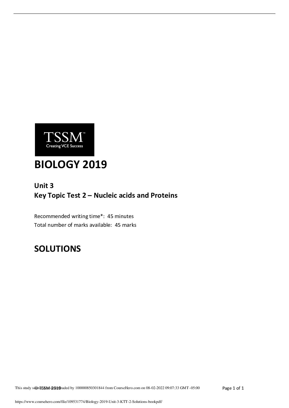 Preview image for BIOLOGY 2019 Unit 3 Key Topic Test 2 – Nucleic acids and Proteins SOLUTIONS WITH EXPLANATIONS