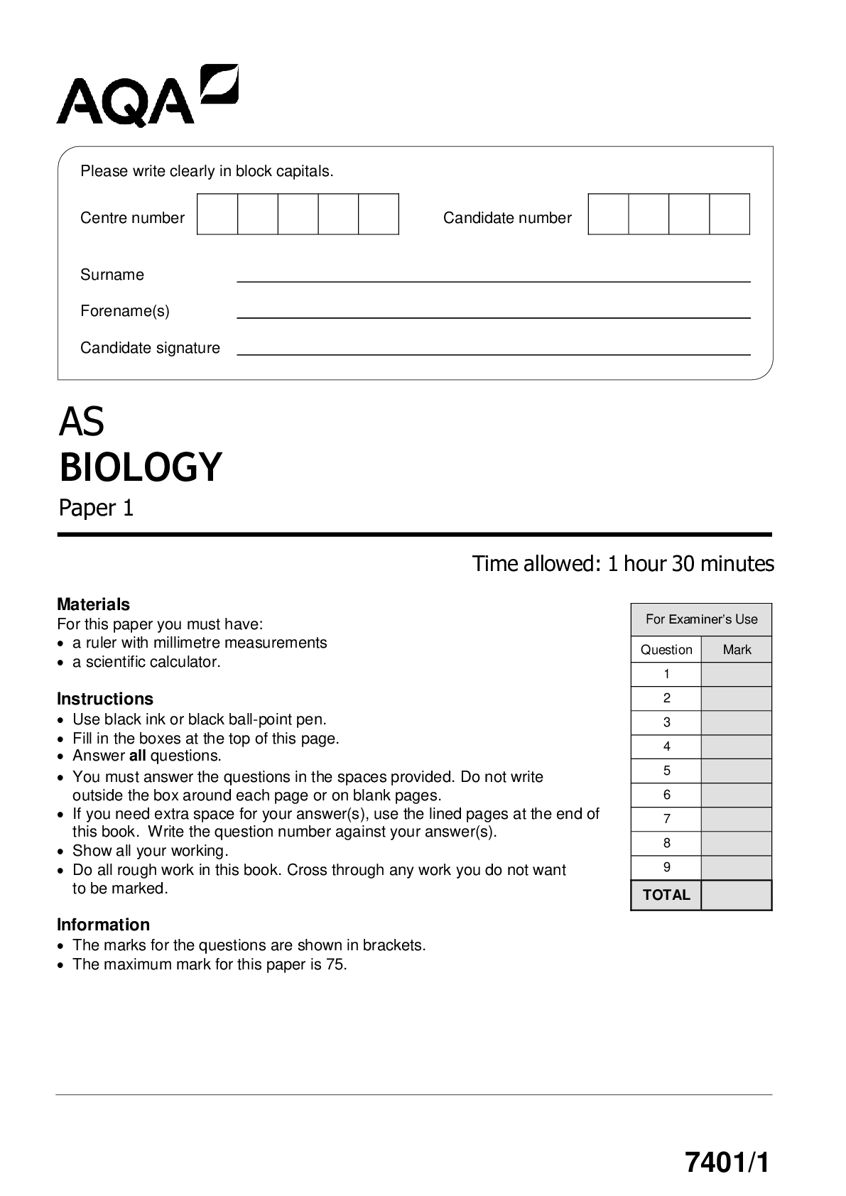 Preview image for AQA AS BIOLOGY Paper 1 QP 2021