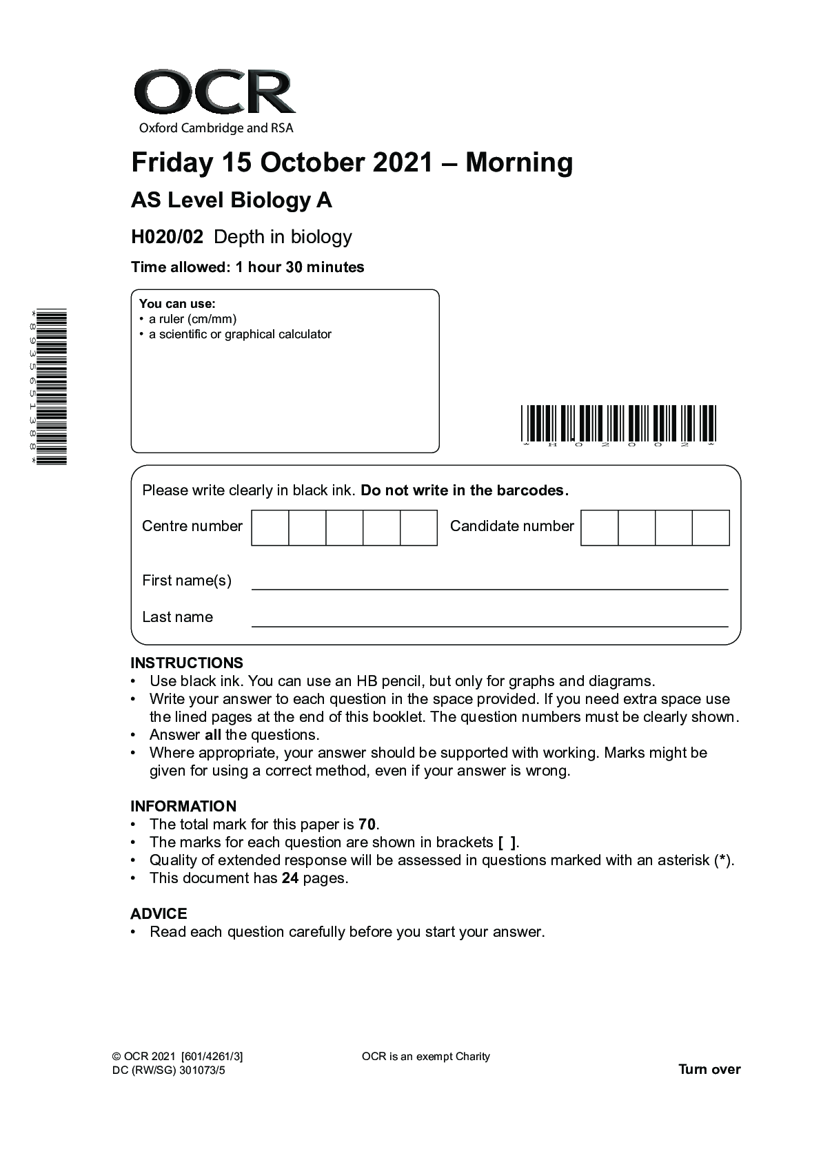 Preview image for AS Level Biology A H020/02 Depth in biology Biology A_H020:02 Question Paper Oct 2021