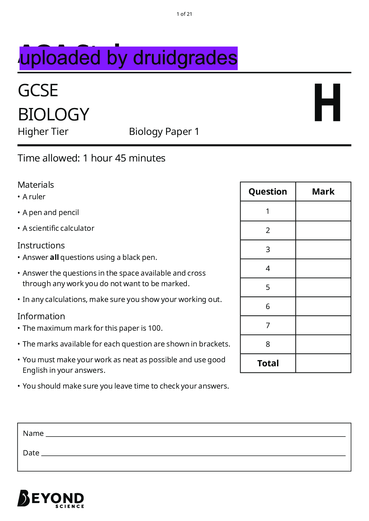 Preview image for GCSE BIOLOGY Higher Tier Biology Paper 1