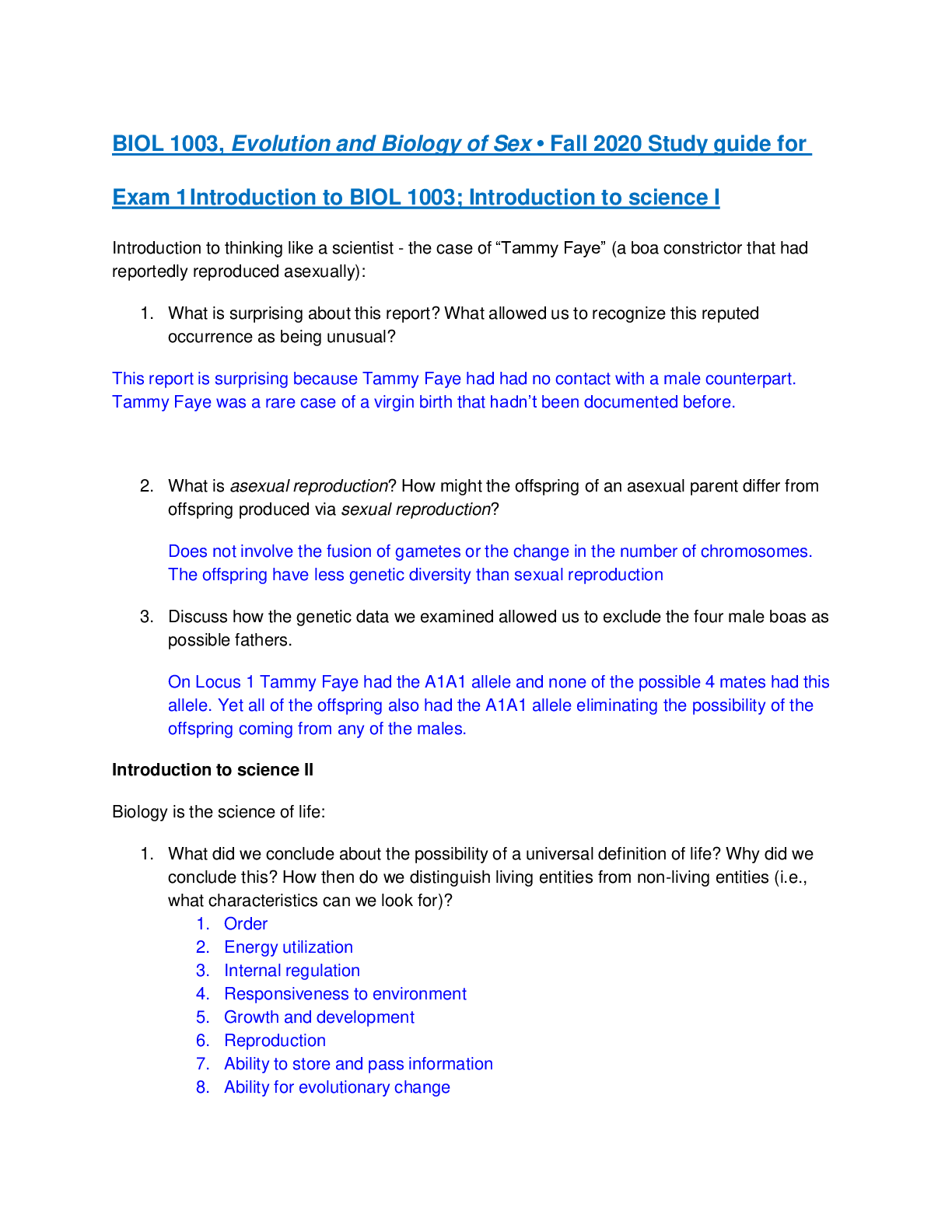 Preview of Biology of Sex Exam 1 Study Guide.