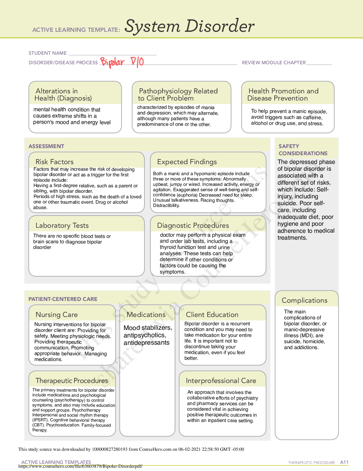 Preview of NURSING NR101 Transitions to nursing ; Bipolar Disorder Study Guide