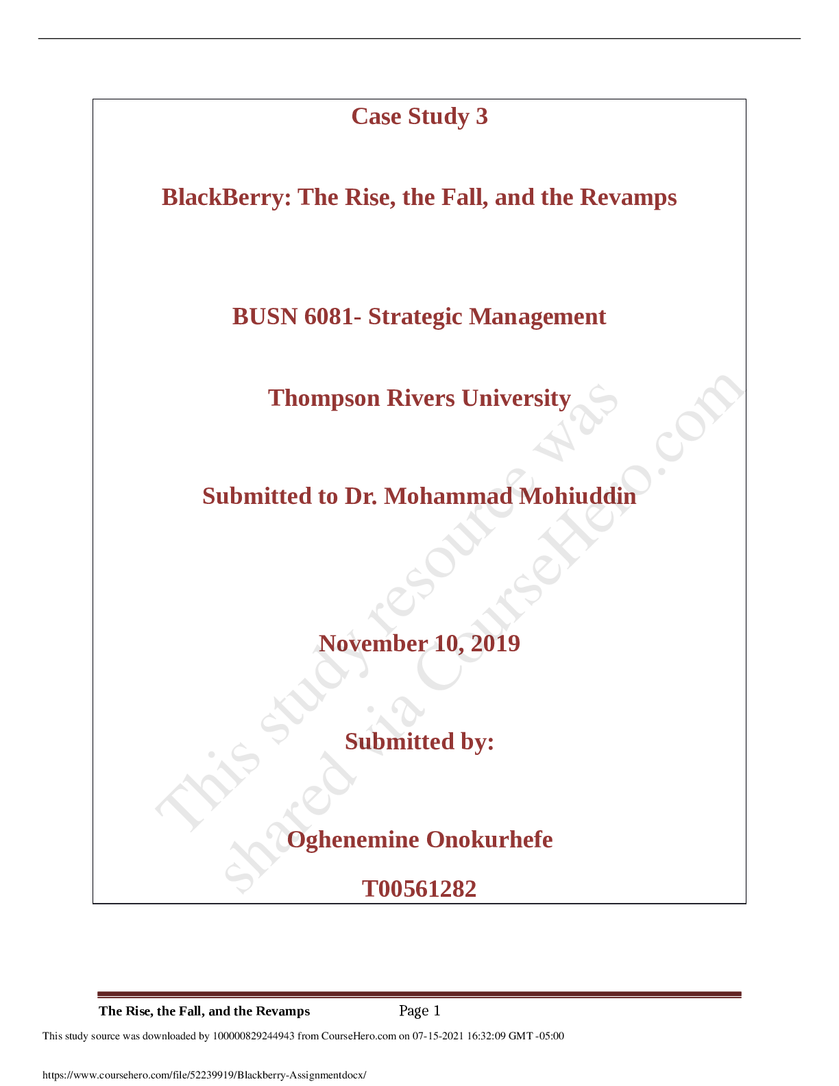 Preview of Thompson Rivers UniversityBUSN 6081Blackberry Assignment The Rise, the Fall, and the Revamps
