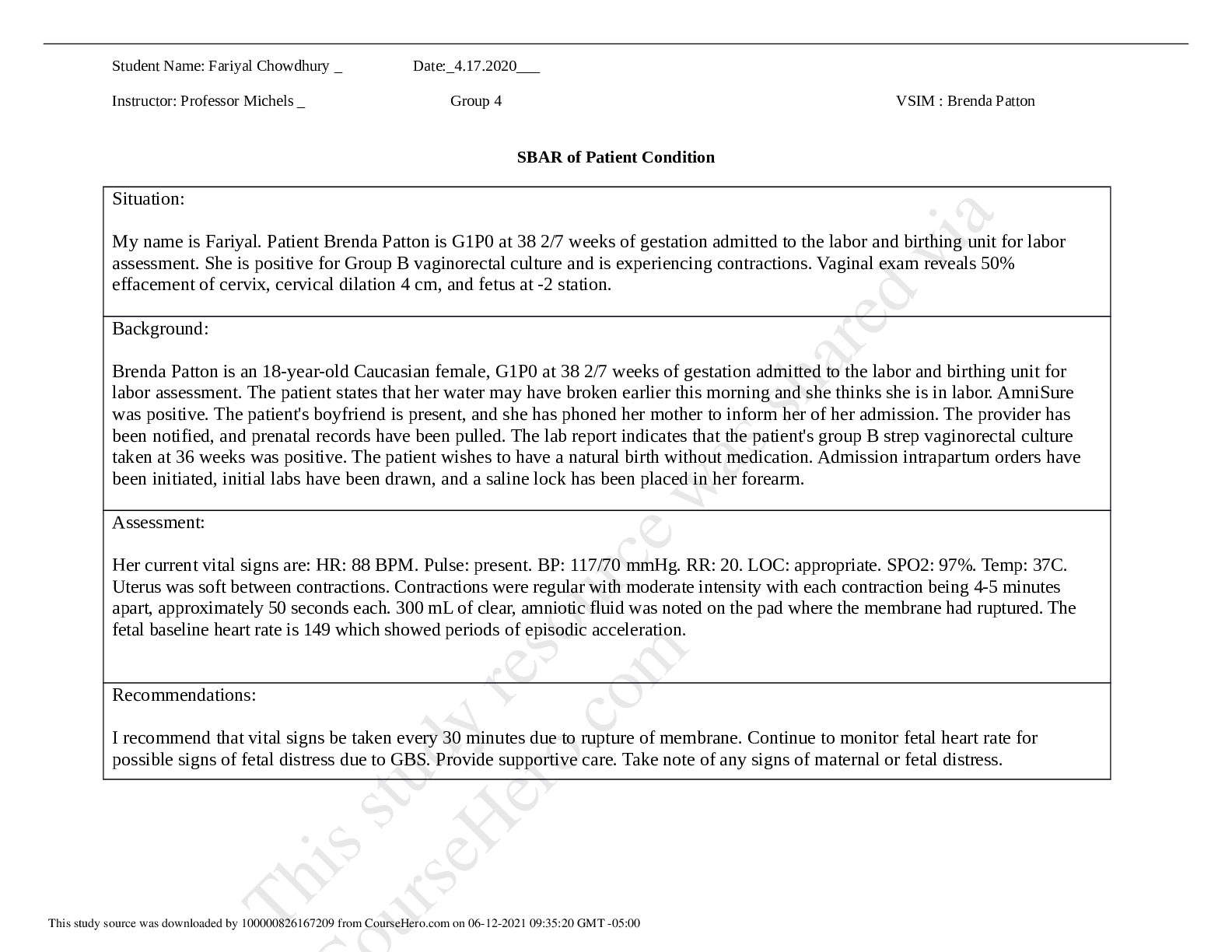 Preview image for Brenda Pratton Care Plan II + NCLEX questions