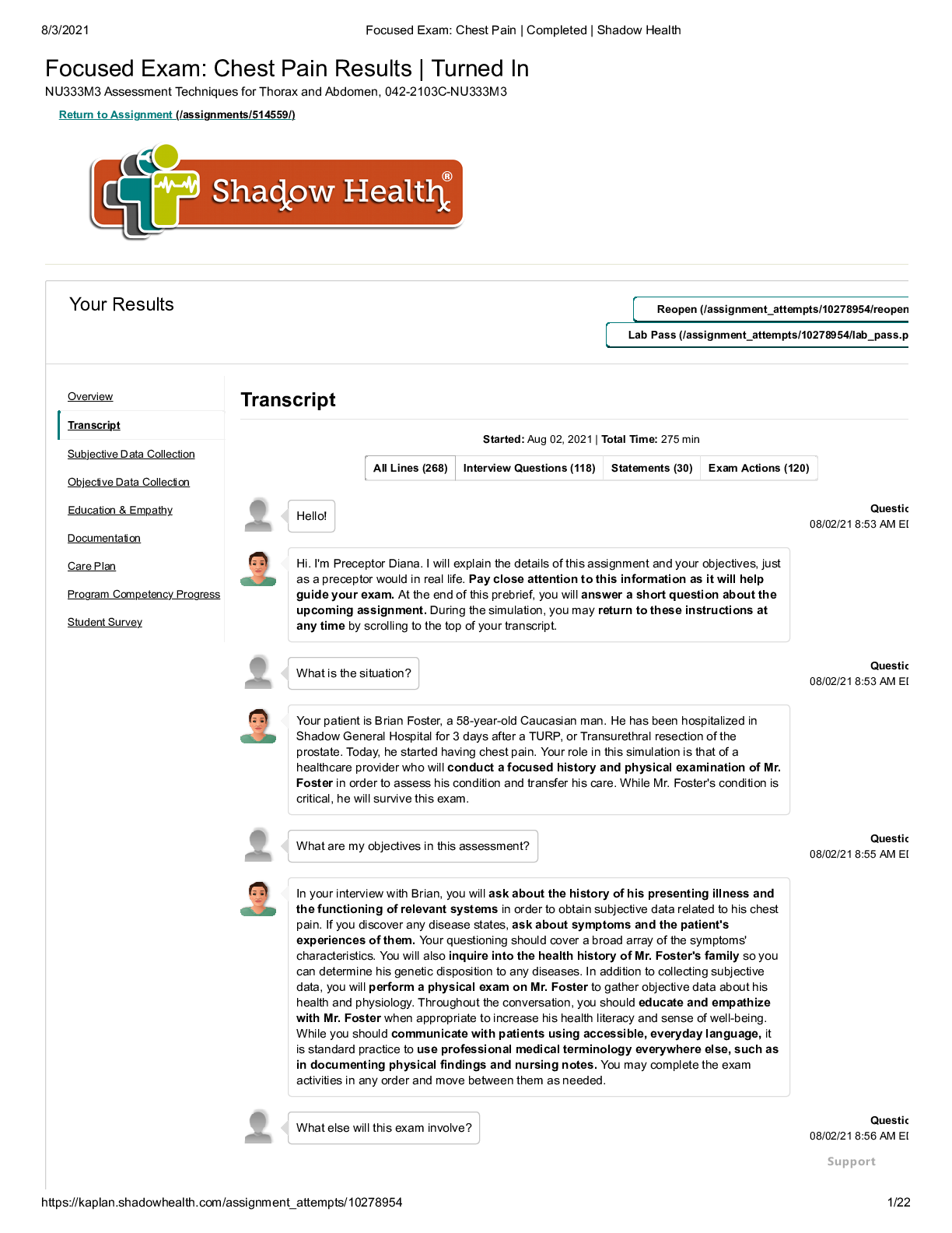 Preview image for Brian Focused Exam_ Chest Pain _ Completed _ Shadow Health.