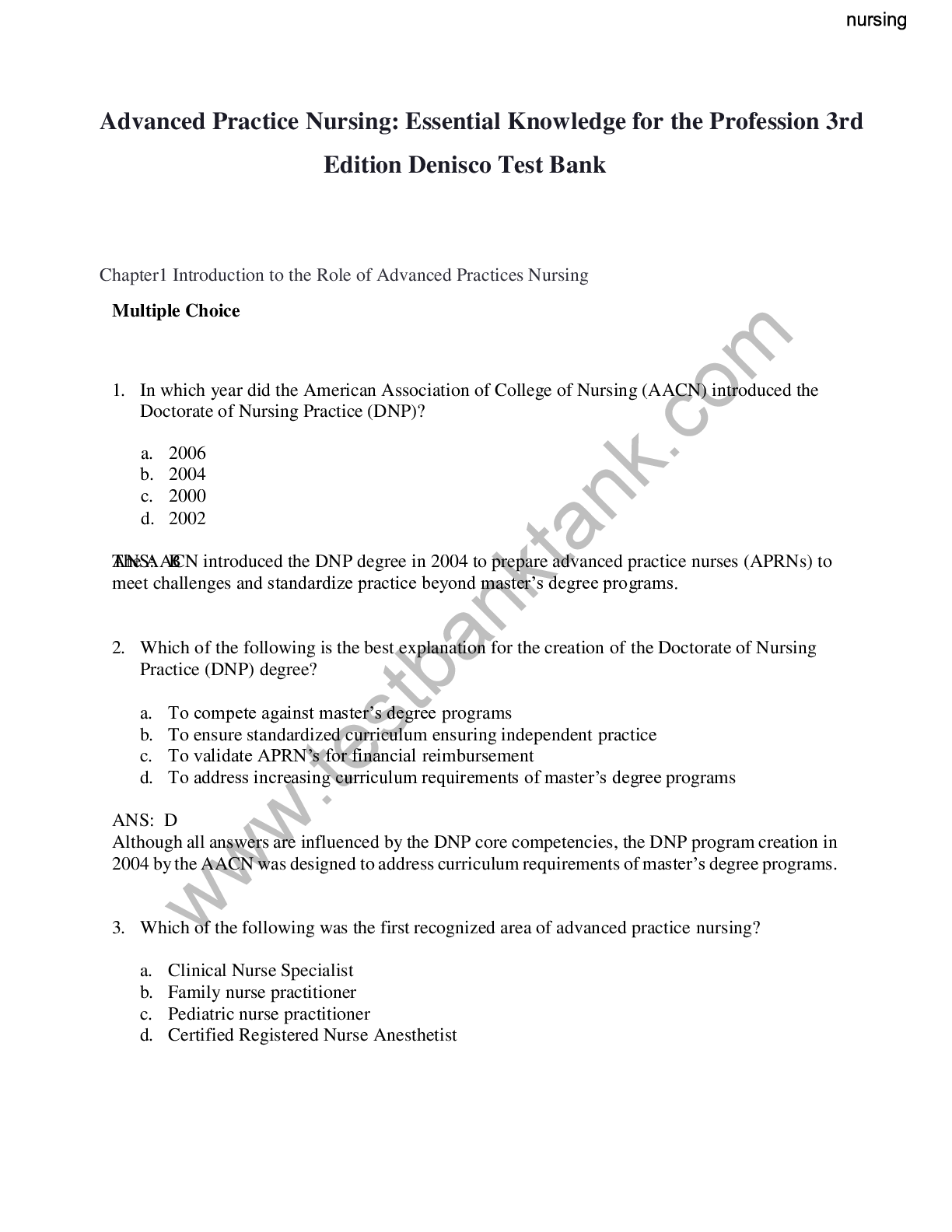 Preview image for Advanced Practice Nursing: Essentail Knowledge for the profession 3rd Edition Denisco Test Bank
