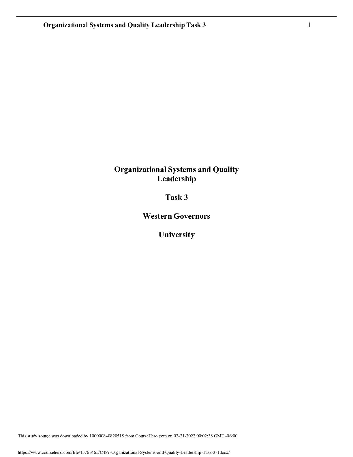 Preview image for NSG C489 TASK 3- Organizational Systems and Quality Leadership