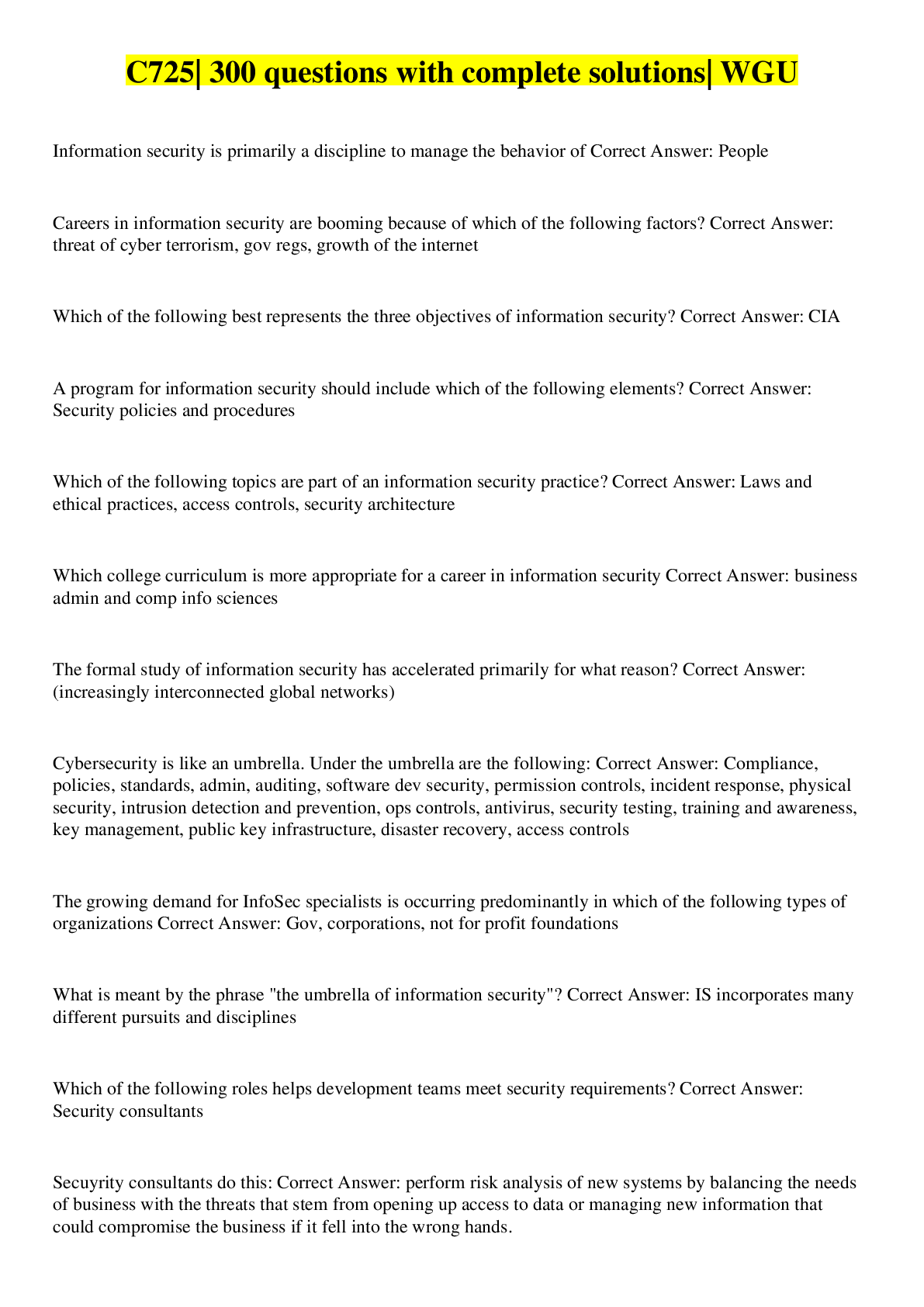 Preview image for C725| 300 questions with complete solutions| WGU