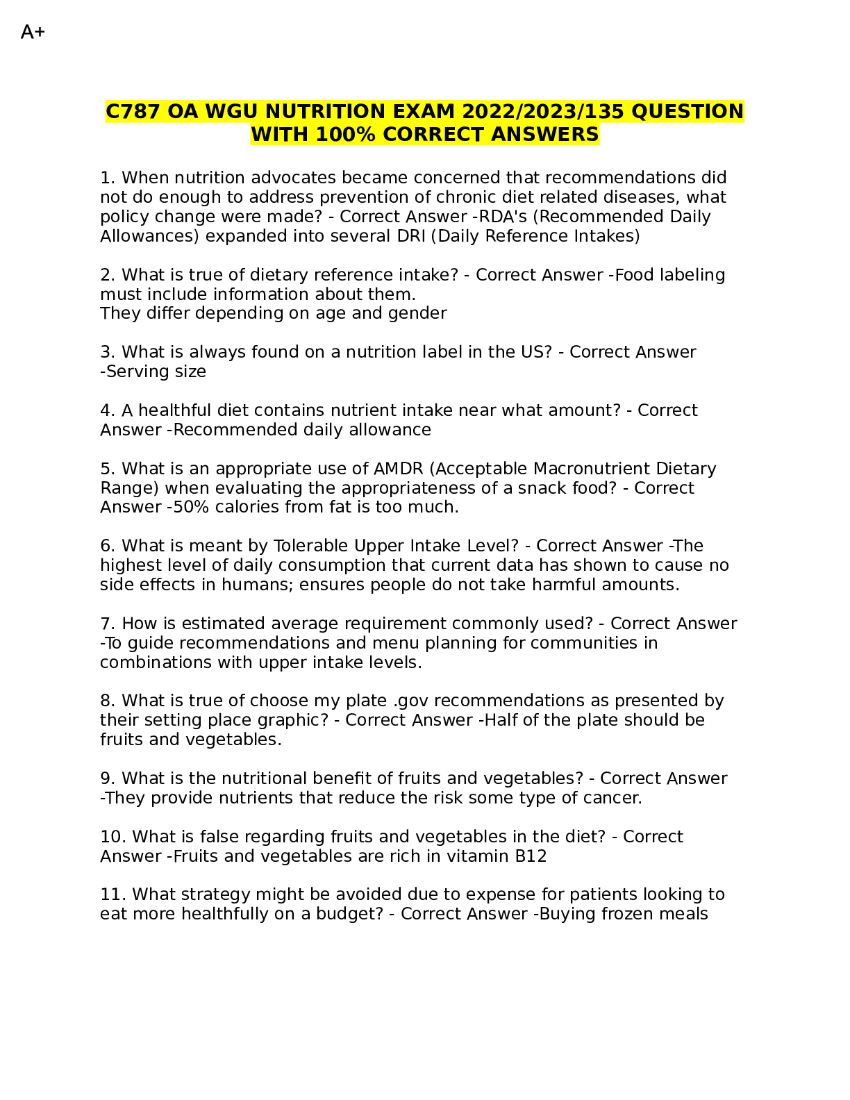 Preview image for C787 OA WGU NUTRITION EXAM 2022/2023/135 QUESTION WITH 100% CORRECT ANSWERS