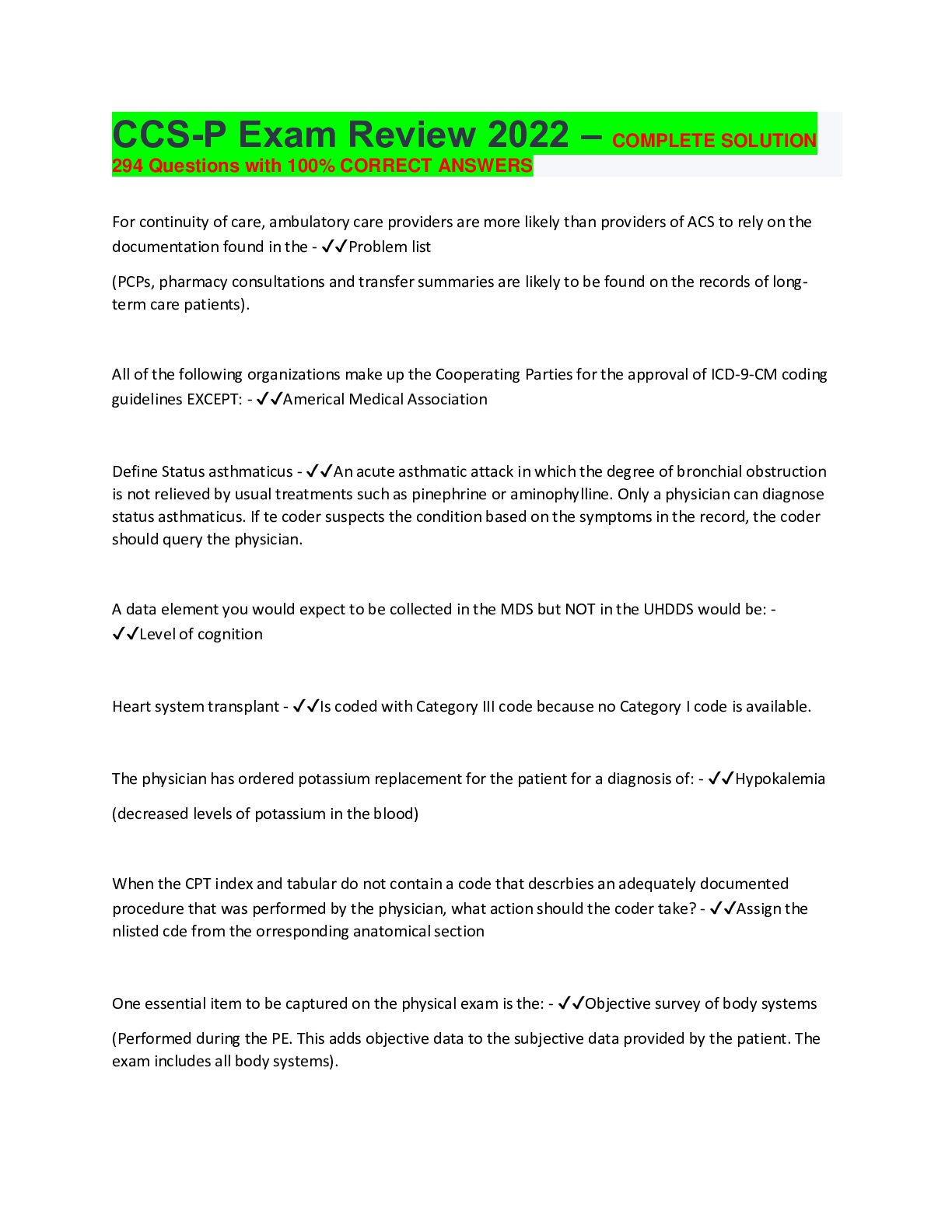 Preview image for CCS-P Exam Review 2022 – COMPLETE SOLUTION 294 Questions with 100% CORRECT ANSWERS