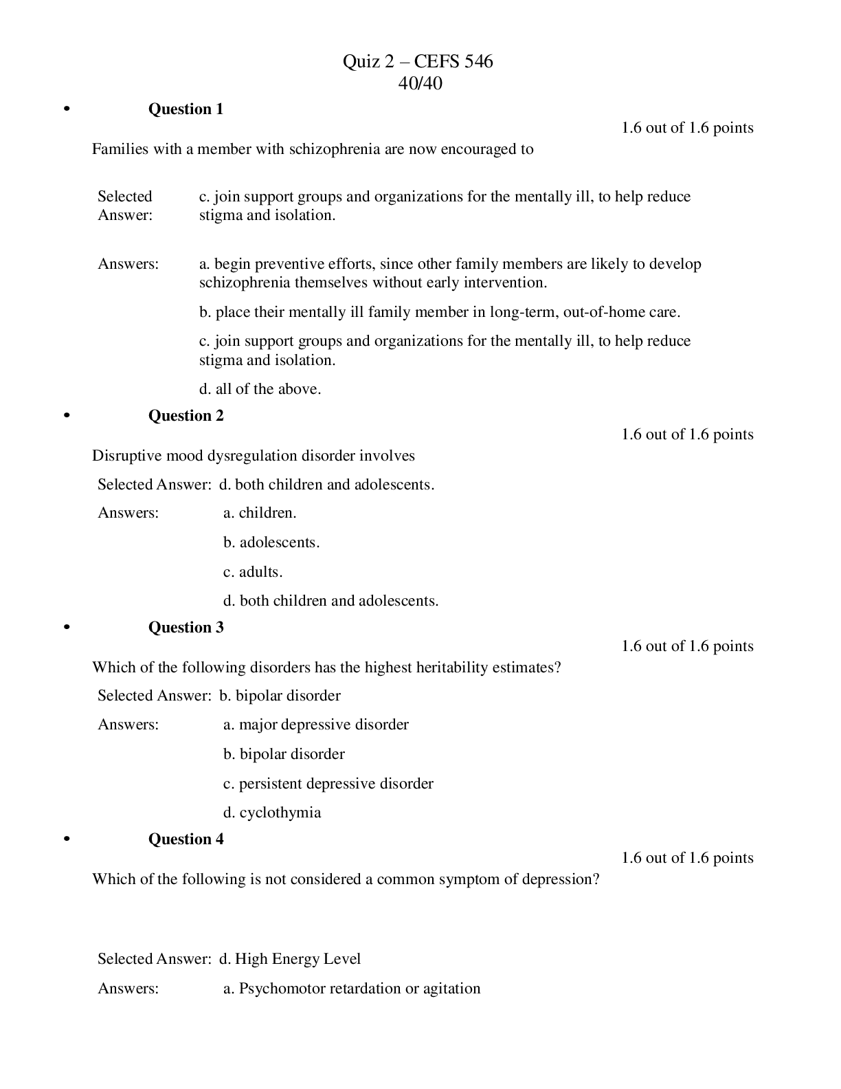 Preview image for Psychopathology – CEFS 546 Quiz 2 (answered) / Quiz 2 – CEFS 546 40/40