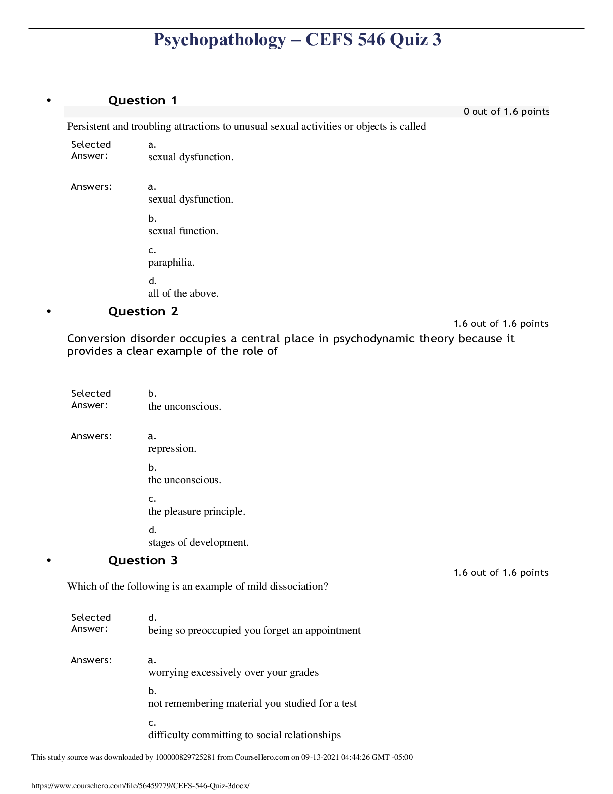 Preview image for Psychopathology – CEFS 546 Quiz 3 questions and answers 2021