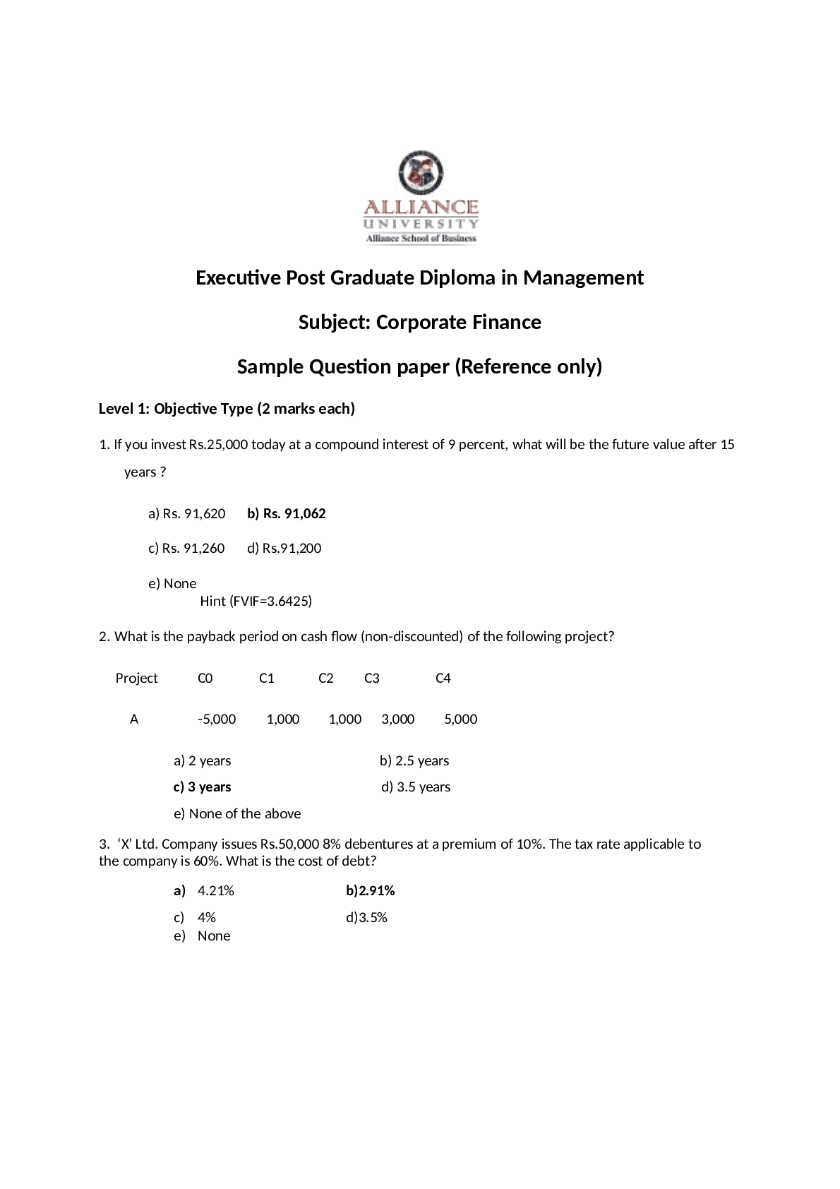 Alliance UniversityCF 406CF MCQ for exam