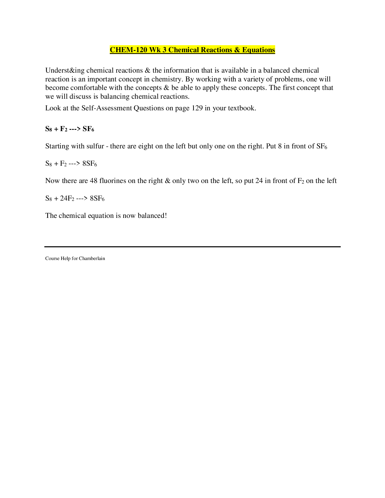 Preview image for Chamberlain College of Nursing - CHEM 120/CHEM 120 Week # 3 DQ 1 - Chemical Reactions and Equations_Verified Answers.