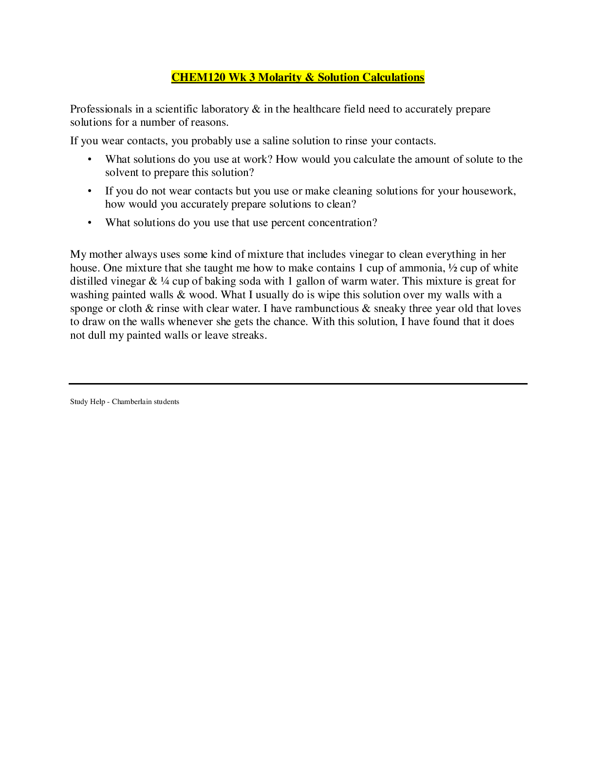 Preview image for Chamberlain College of Nursing - CHEM 120/CHEM 120 Week # 3 DQ 2 - Molarity and Solution Calculations_Verified Answers.