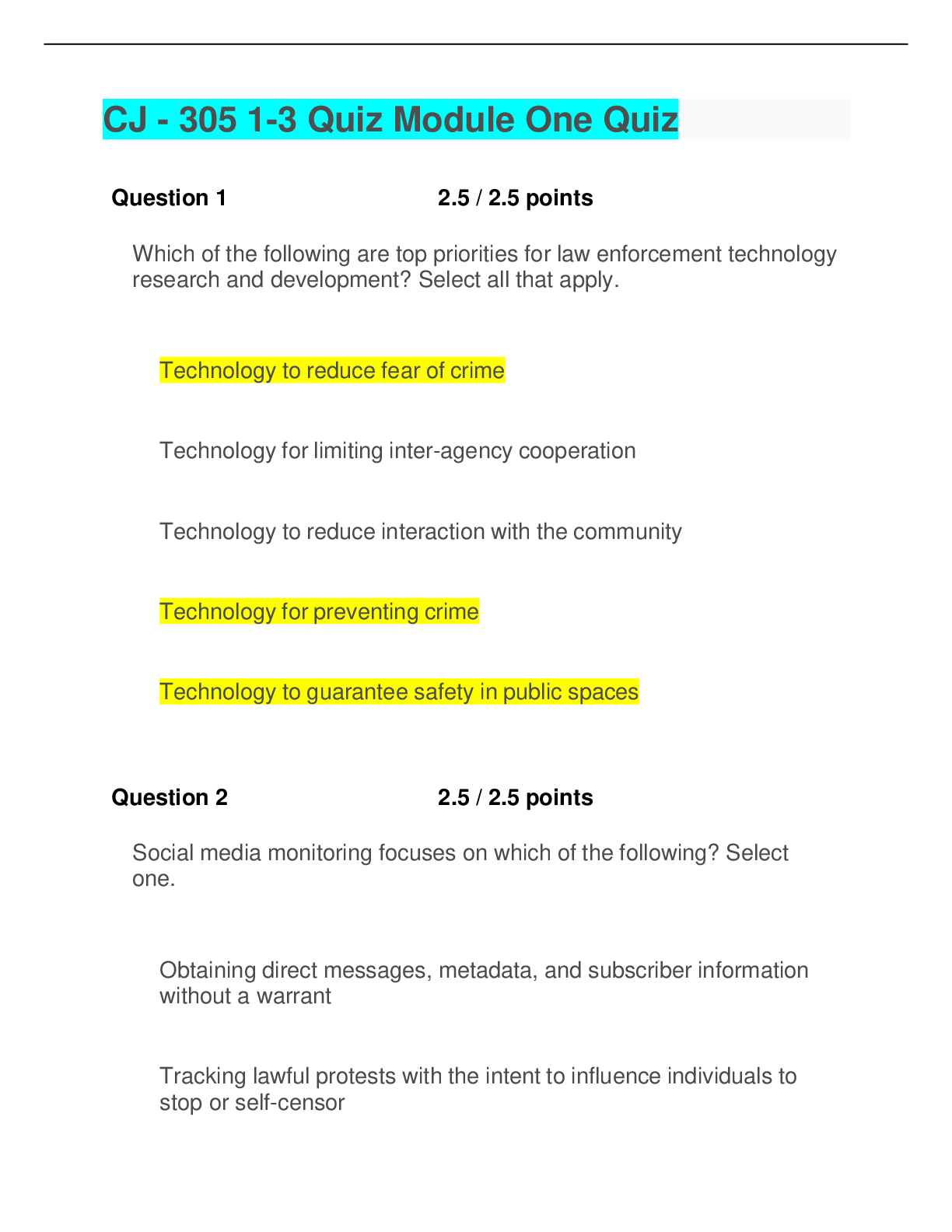 Preview image for Southern New Hampshire University; CJ 305/ CJ305/ CJ 305 Criminal Justice 330; All module quizzes, already graded_ Latest Fall 2021/2022.