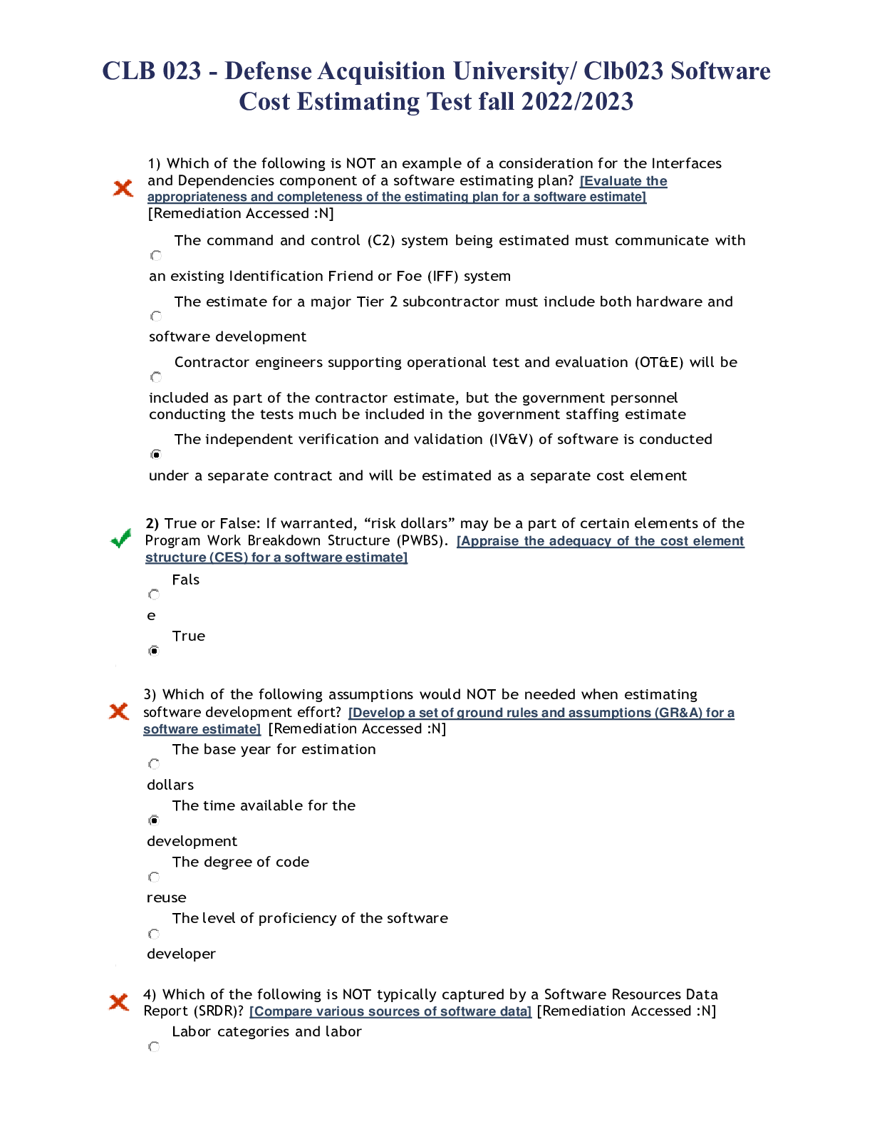 Preview image for CLB 023 - Defense Acquisition University/ Clb023 Software Cost Estimating Test fall 2022/2023