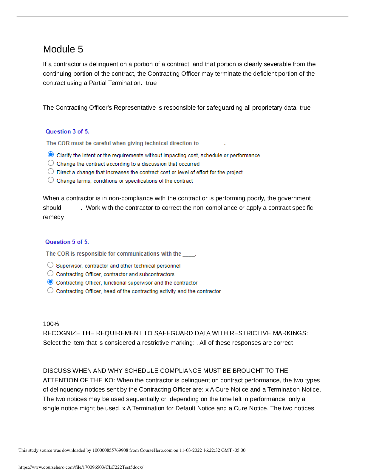 Preview image for CLC 222   (COR) Training  Module 5 Test 100% | Defense Acquisition University