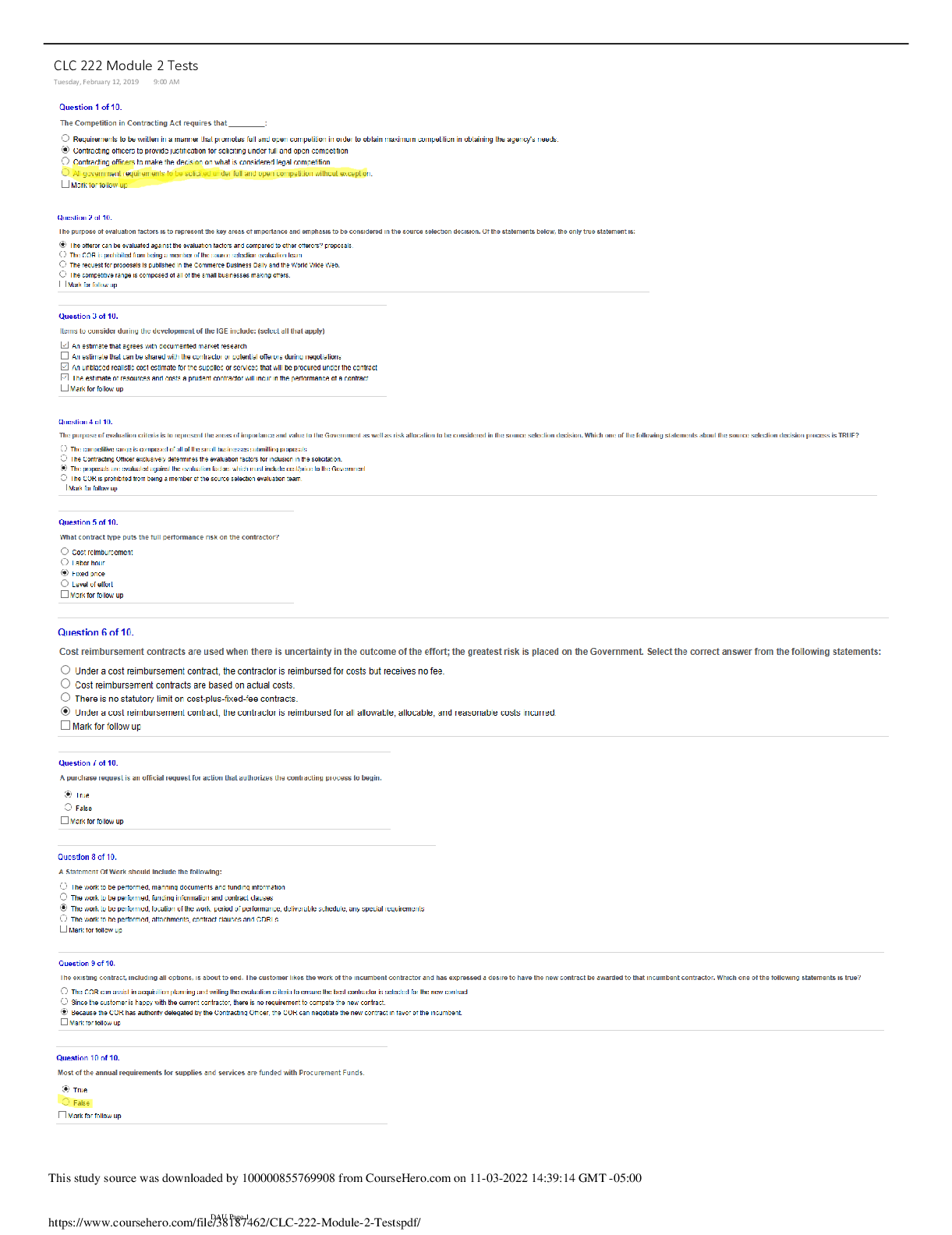 Preview image for CLC 222 (COR) Training CLC 222 Module 2 Tests. Questions & Answers. | Defense Acquisition University