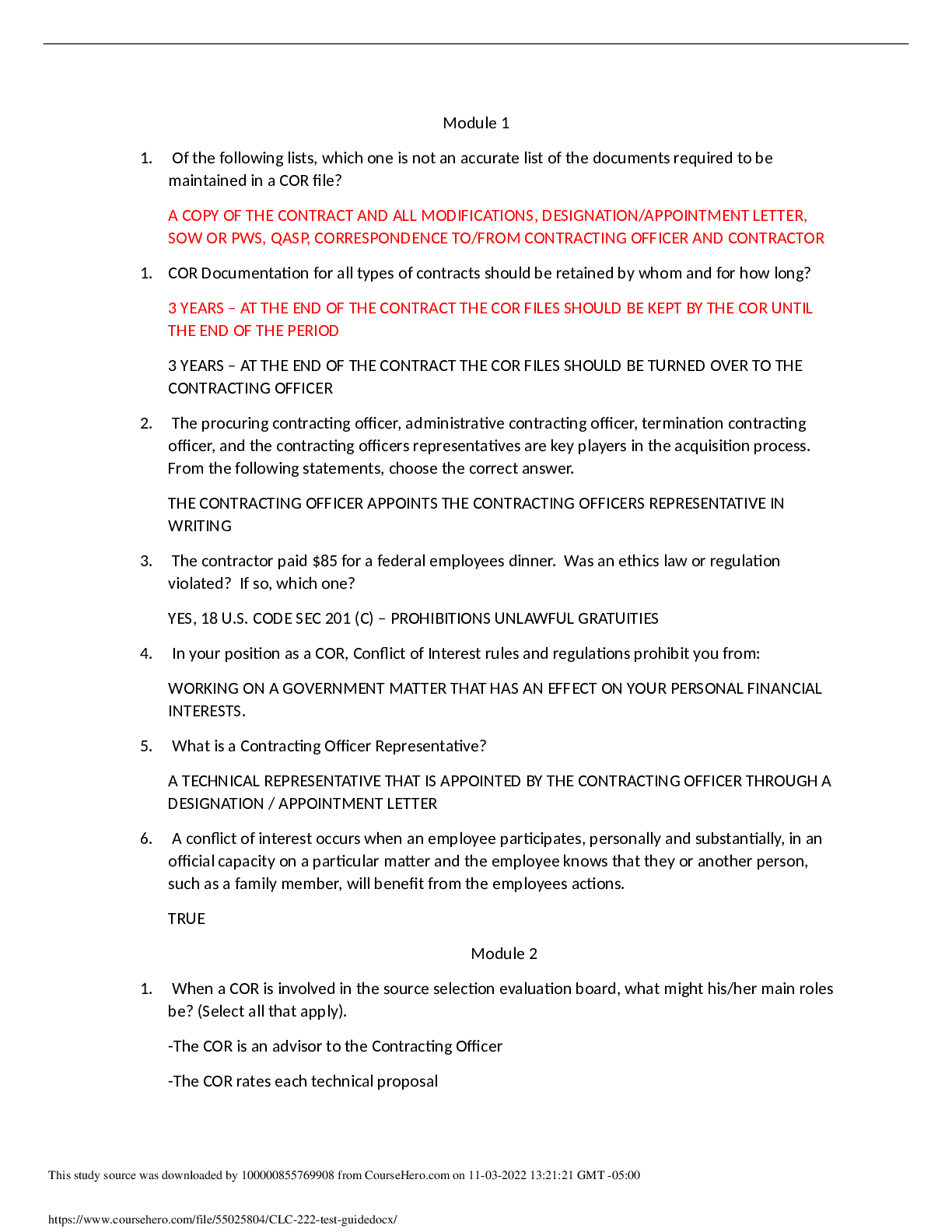 Preview image for CLC 222 (COR) Training Test Guide. Module 1-6. Q&A | Defense Acquisition University