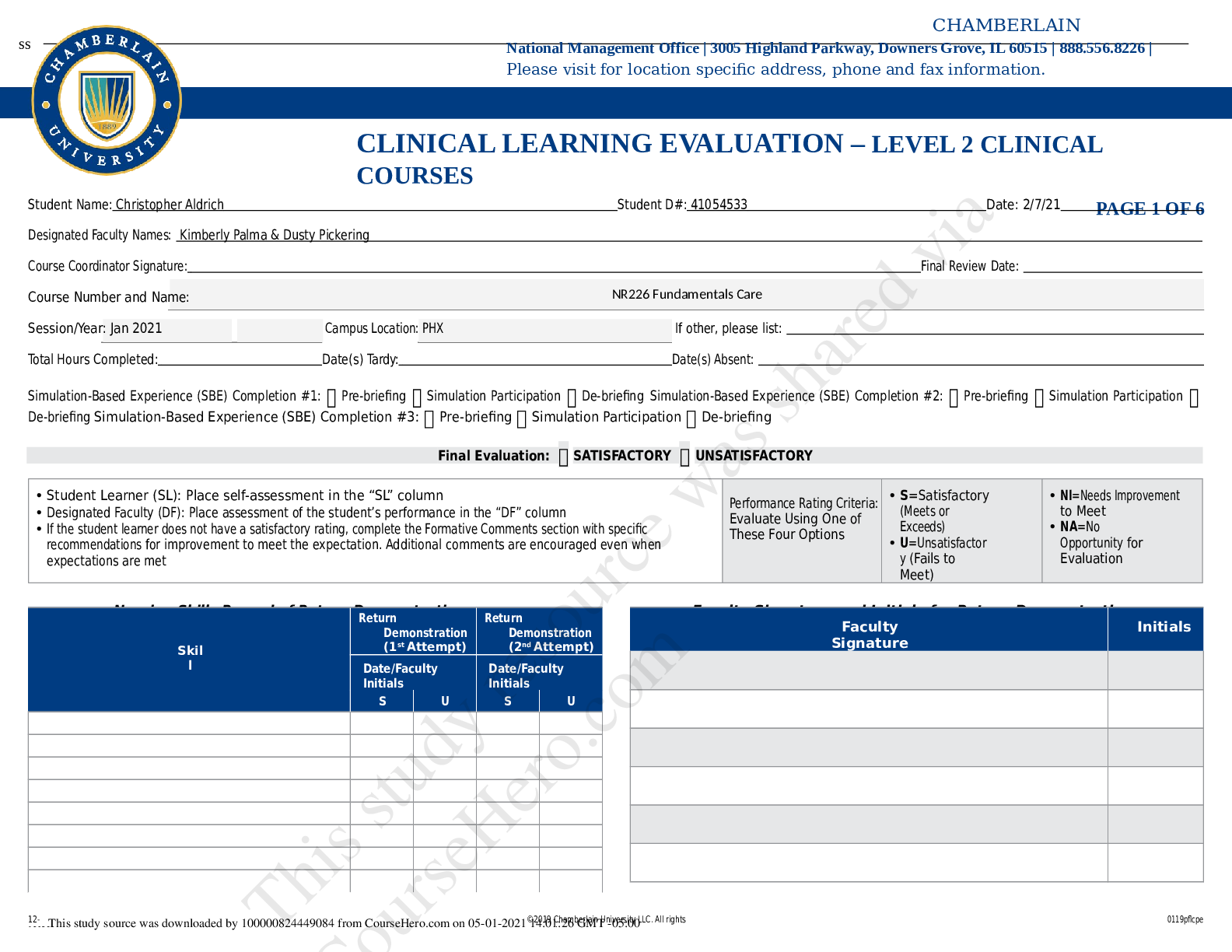 Preview image for NR 226 CLINICAL LEARNING EVALUATION – LEVEL 2 CLINICAL COURSES