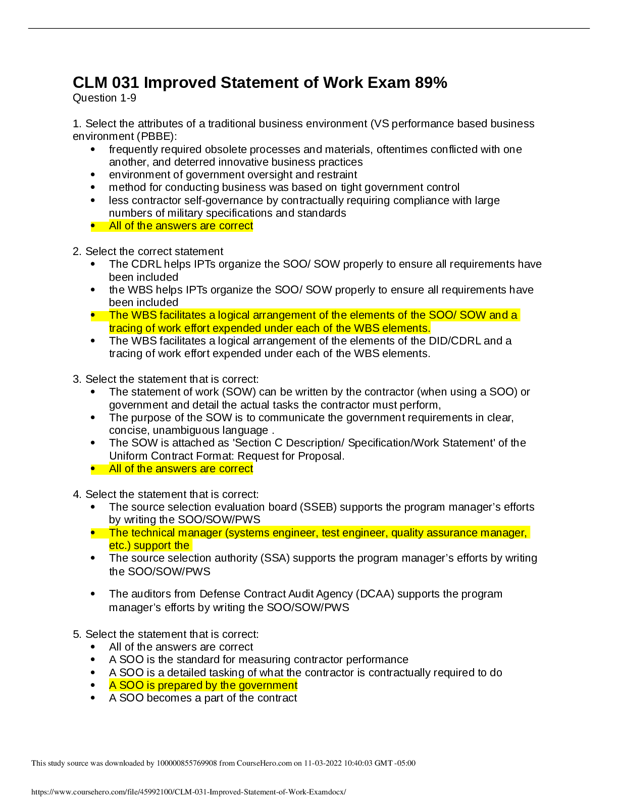 Preview of CLM 031 Improved Statement of Work Exam 89% |