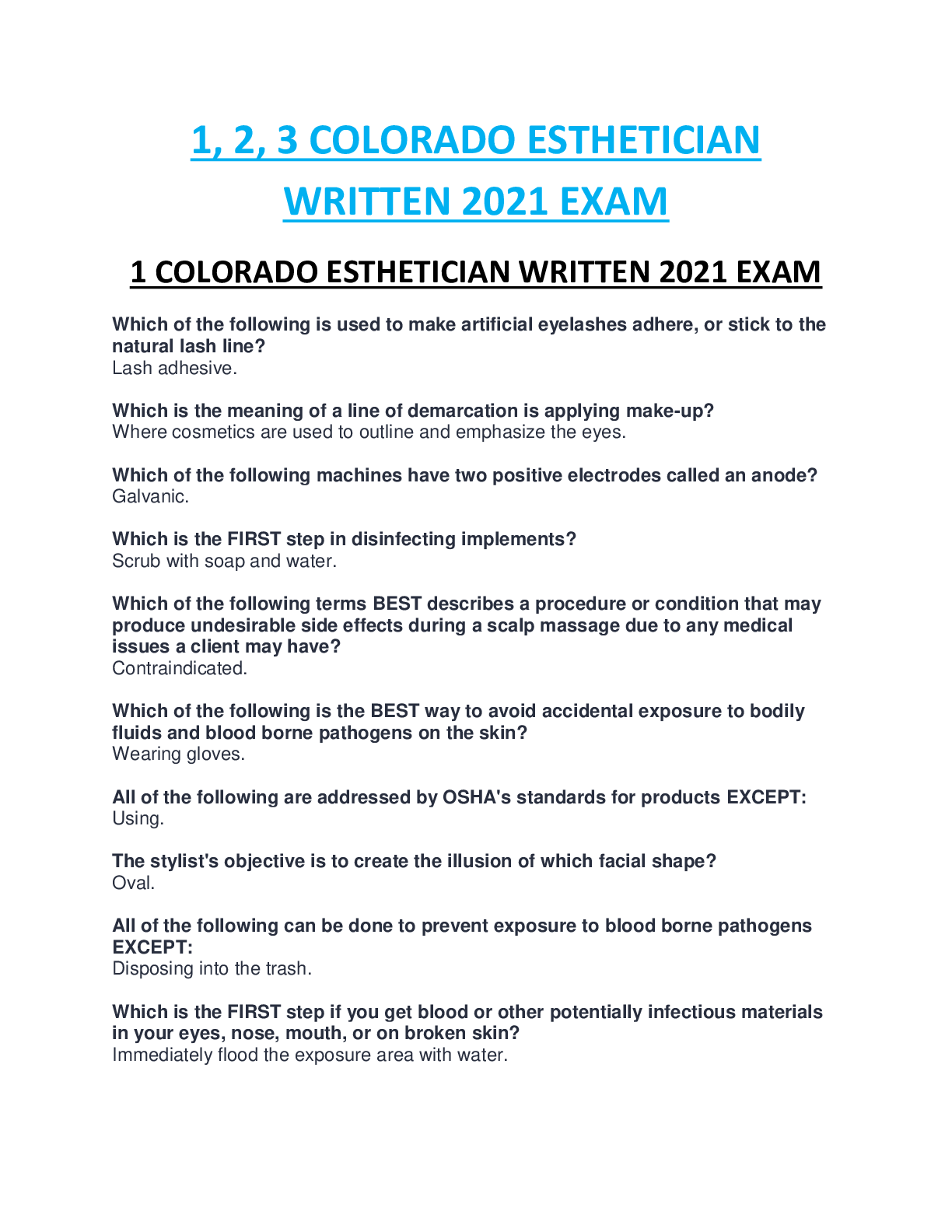 Preview image for 1, 2, 3 COLORADO ESTHETICIAN WRITTEN 2021 EXAM RATED AND GRADED A+.