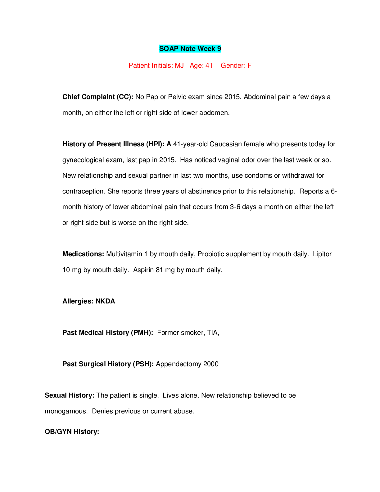 Preview image for NURS 6551 SOAP Note Week 9 latest update;Patient Initials: MJ   Age: 41    Gender: F.