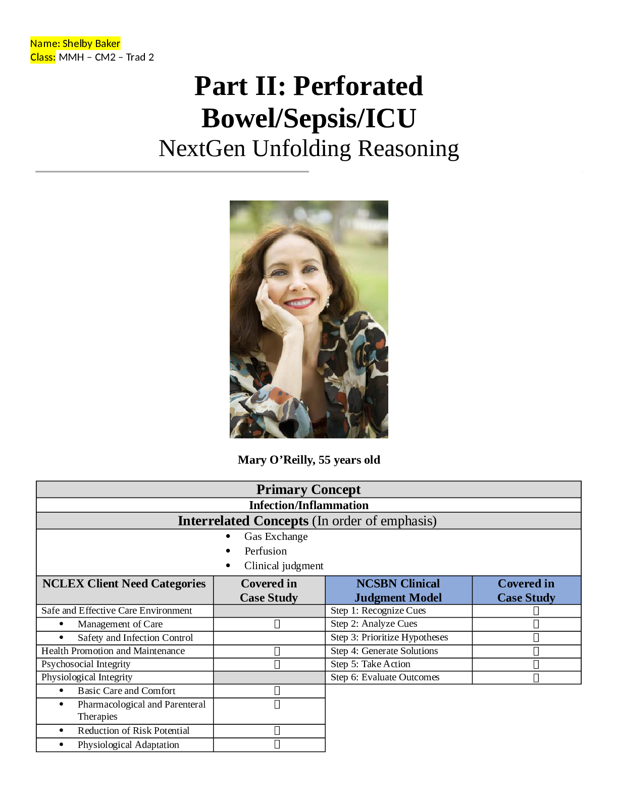 Preview image for Part II: Perforated Bowel/Sepsis/ICU NextGen Unfolding Reasoning Mary O’Reilly, 55 years old (Complete solution guide, A+ Rated, latest 2021)