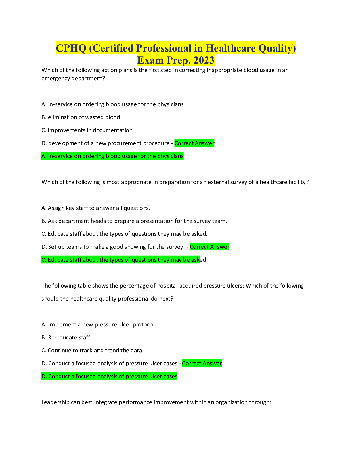 Preview of CPHQ (Certified Professional in Healthcare Quality) Exam Prep. 2023