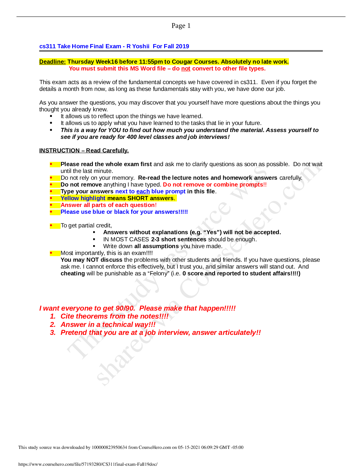 Preview of CS311final-exam_Fall, LATEST UPDATE,ALL ANSWERS CORRECT,DOWNLOAD TO SCORE A.