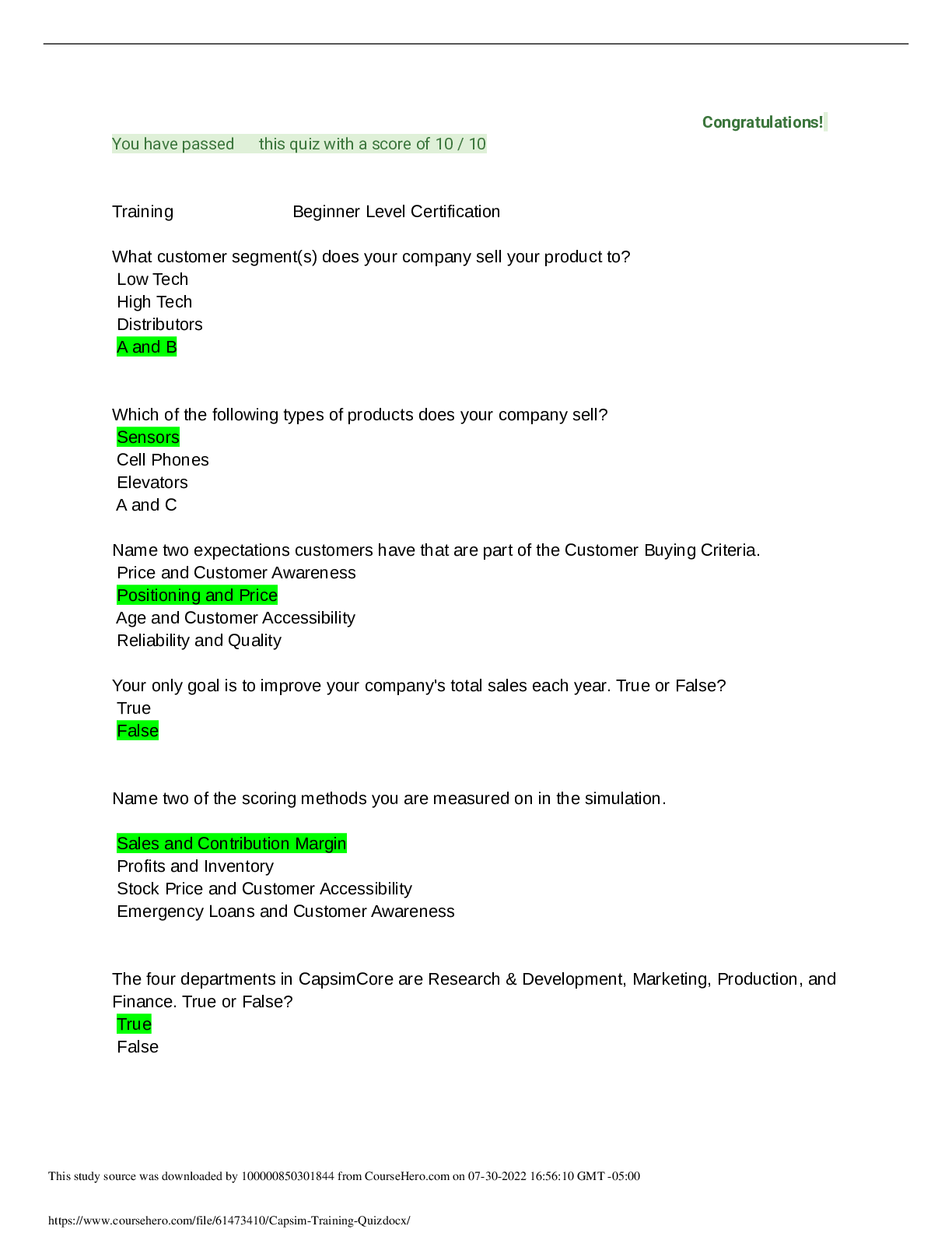 Preview image for Capsim_Training_Quiz Training Beginner Level Certification: Score of 10/10