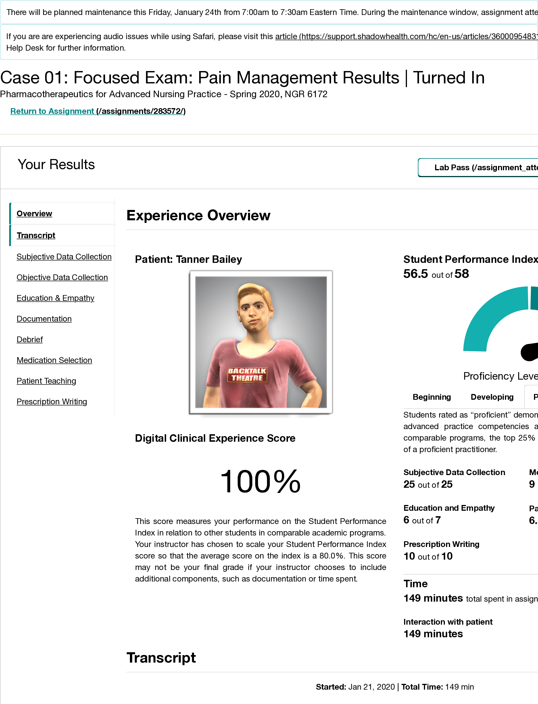 Preview image for Case 01: Focused Exam: Pain Management Results|Tanner Bailey,complete shadow health guide, Spring 2020