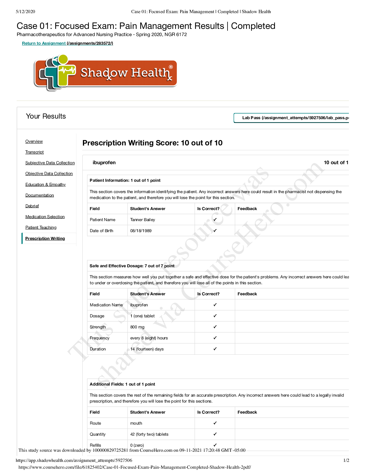 Preview image for NURSING 01 Case 01_ Focused Exam_ Pain Management _ Completed _ Shadow Health 2.pdf