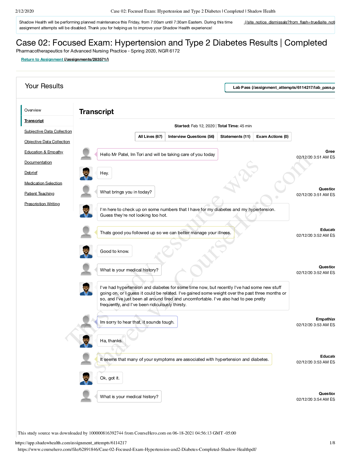 Preview image for Case 02- Focused Exam- Hypertension and...2 Diabetes | Completed | Shadow Health
