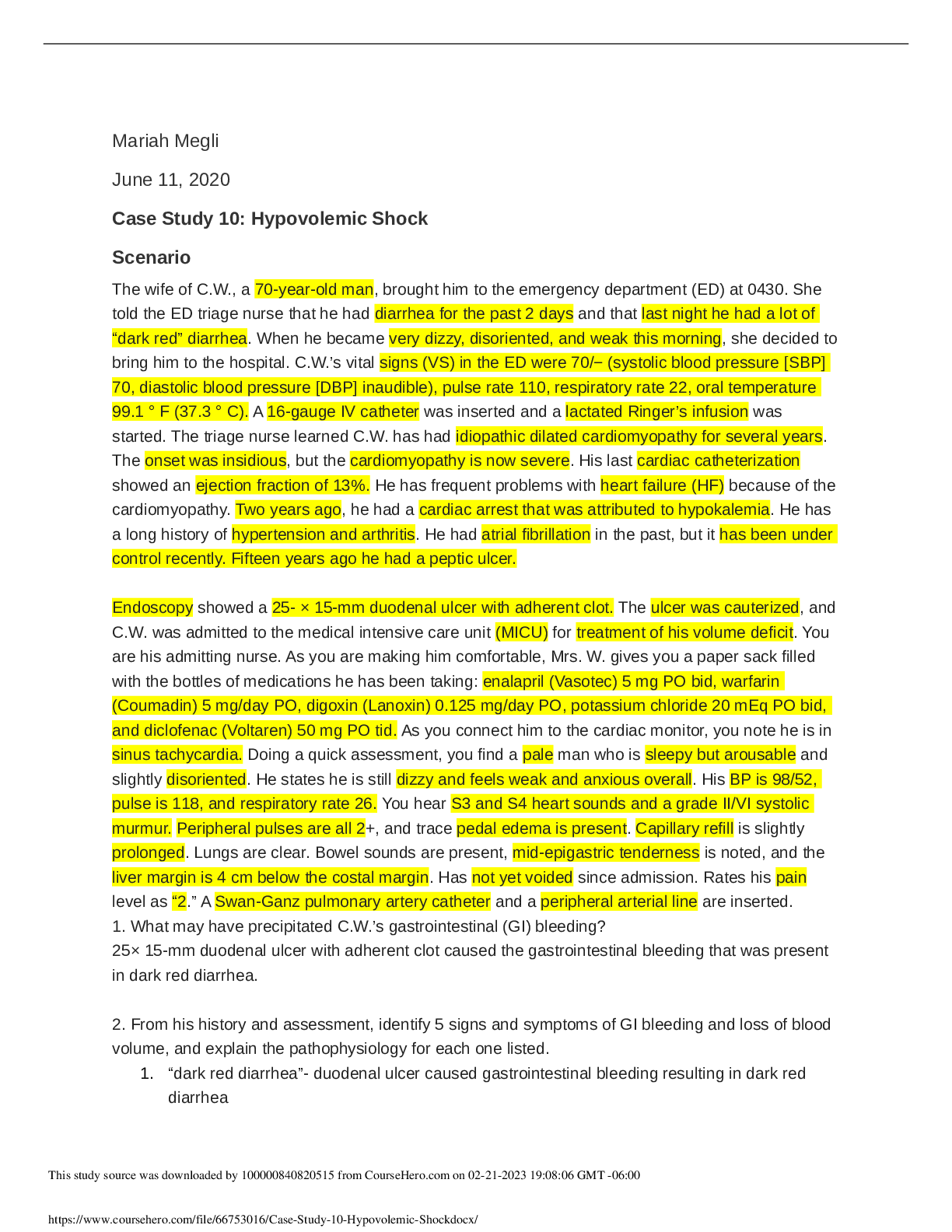 Preview image for Case Study 10: Hypovolemic Shock; The wife of C.W. 70-year-old man, brought him to the emergency
