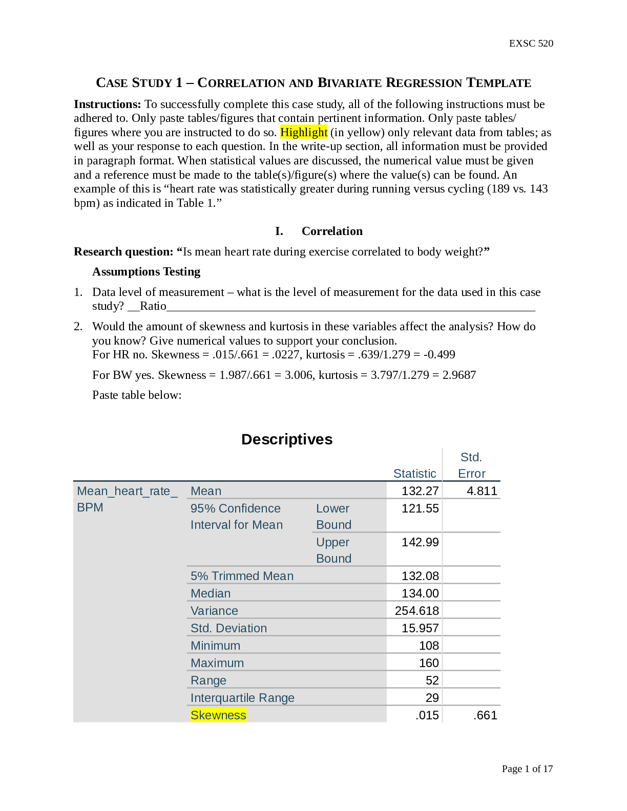 Preview of EXSC 520 CASE STUDY 1 – CORRELATION AND BIVARIATE REGRESSION TEMPLATE