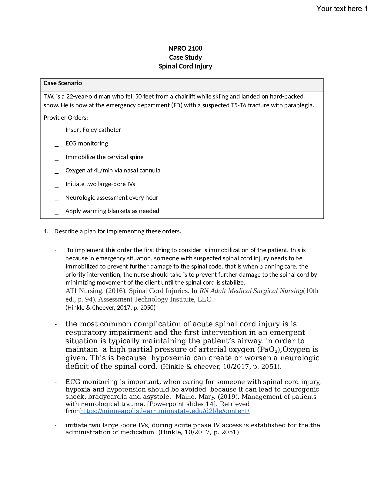 Preview image for NPRO 2100 Case Study Spinal Cord Injury with complete solution