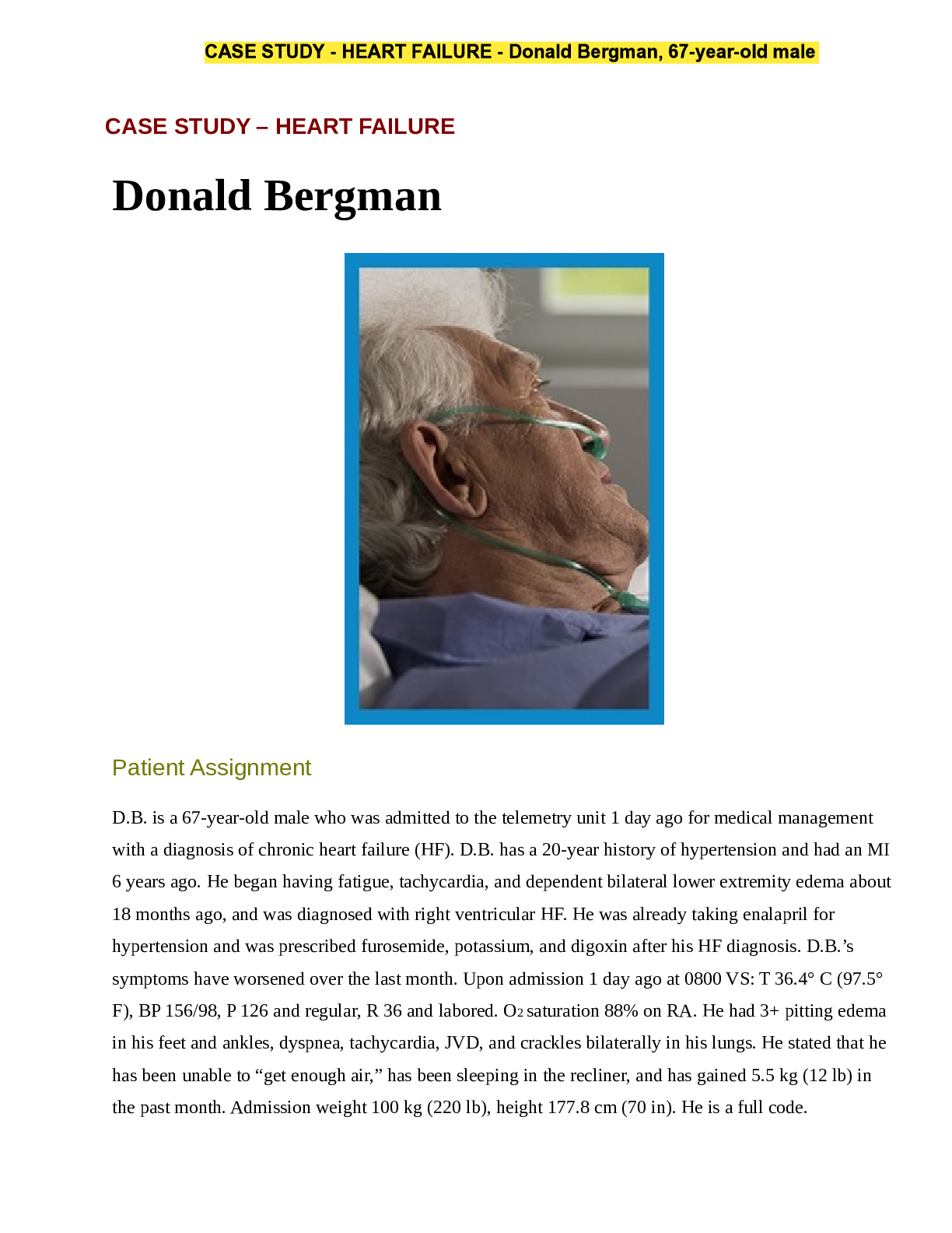 Preview image for CASE STUDY – HEART FAILURE  Donald Bergman