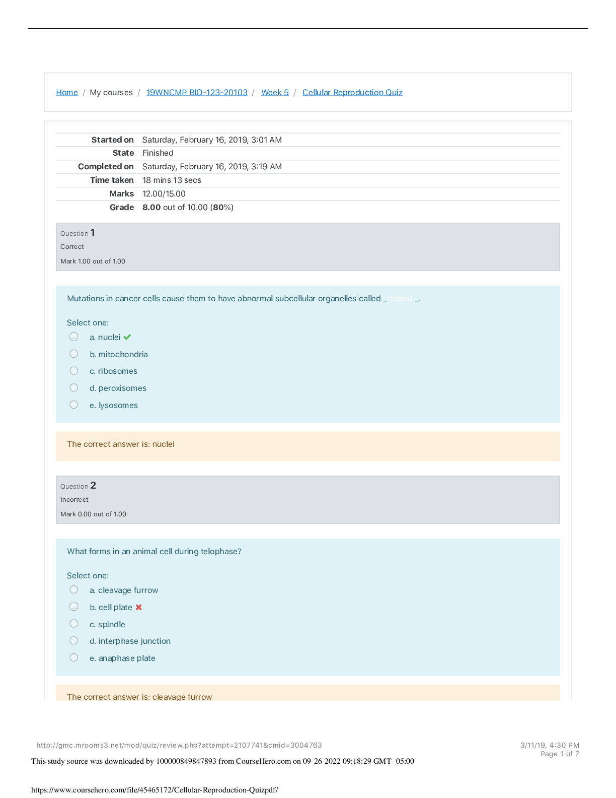 Preview image for Georgia Military College  BIO 123  Cellular Reproduction Quiz. Grade 8.00 out of 10.00 (80%)
