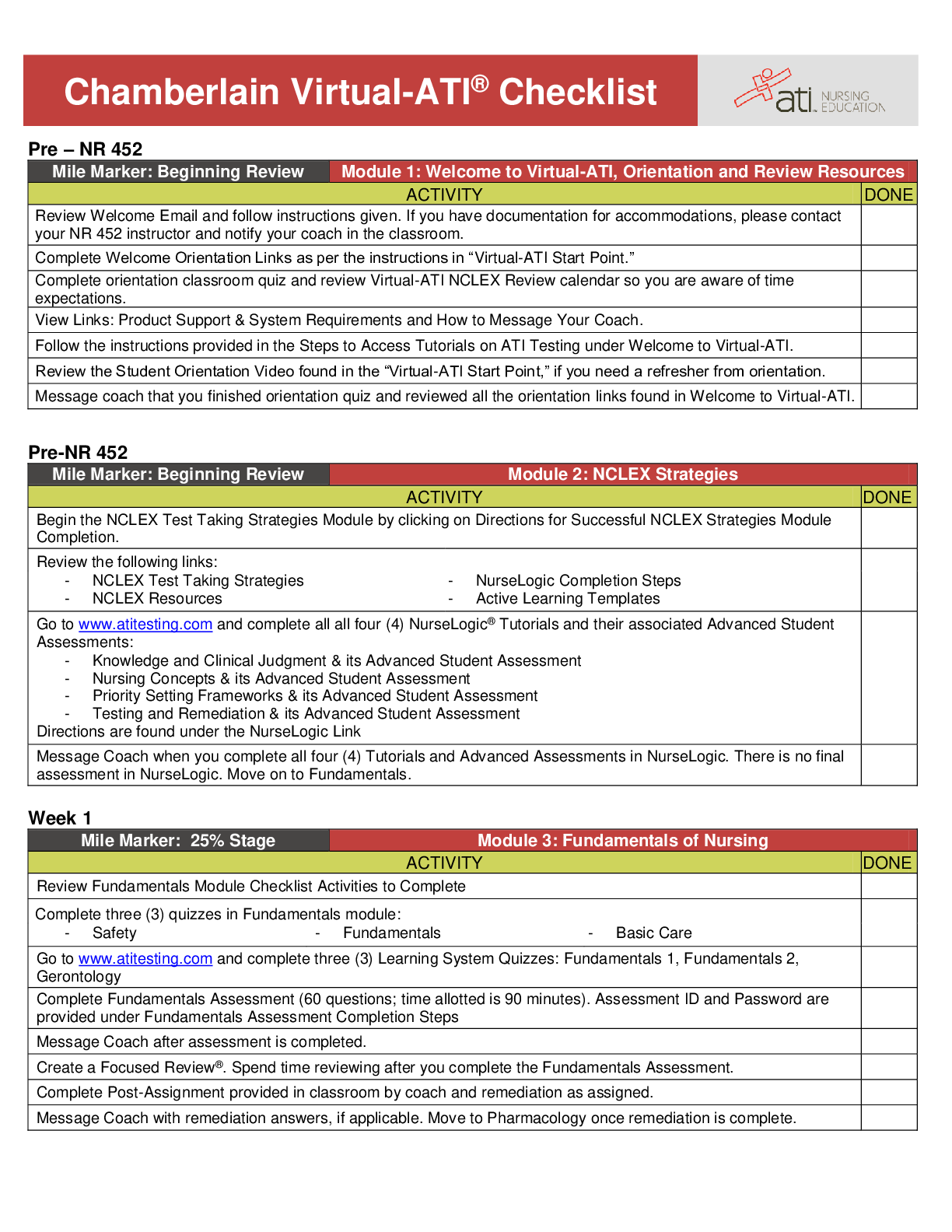 Preview image for NR 452 Chamberlain-Virtual-ATI Student Checklist {pre-NR 452}