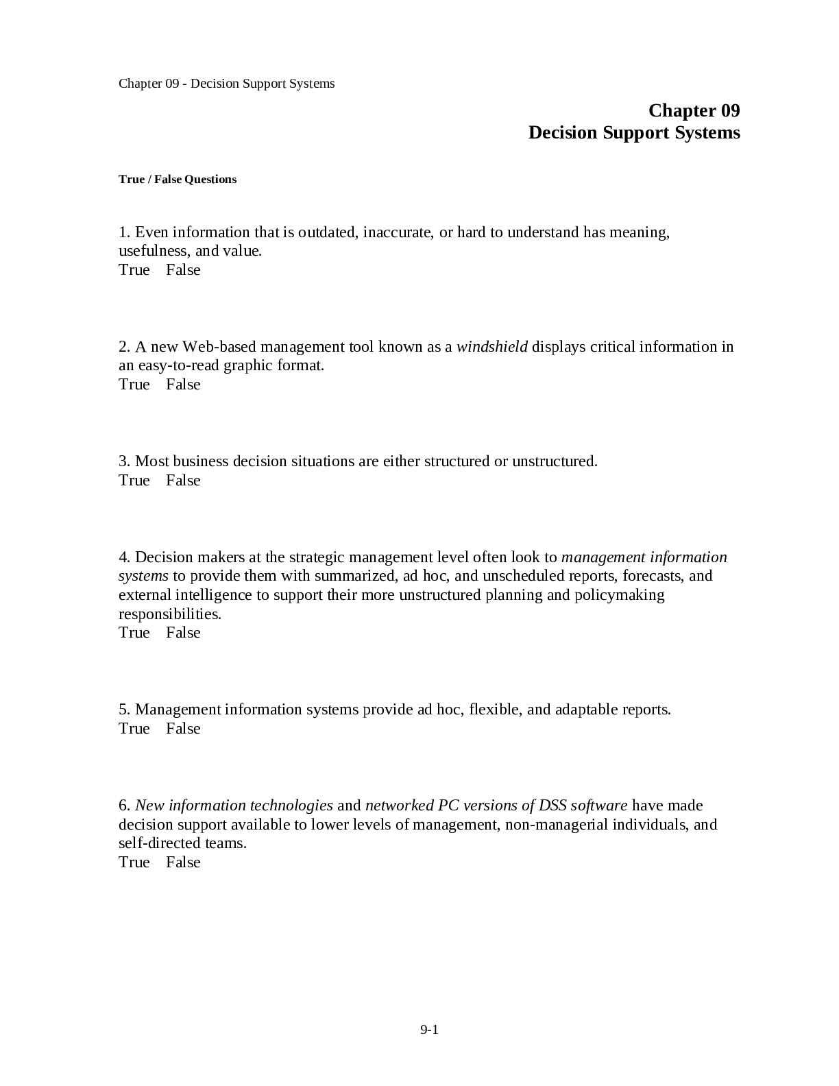 Preview image for Decision Support Systems TRUE OR FALSE QUESTIONS