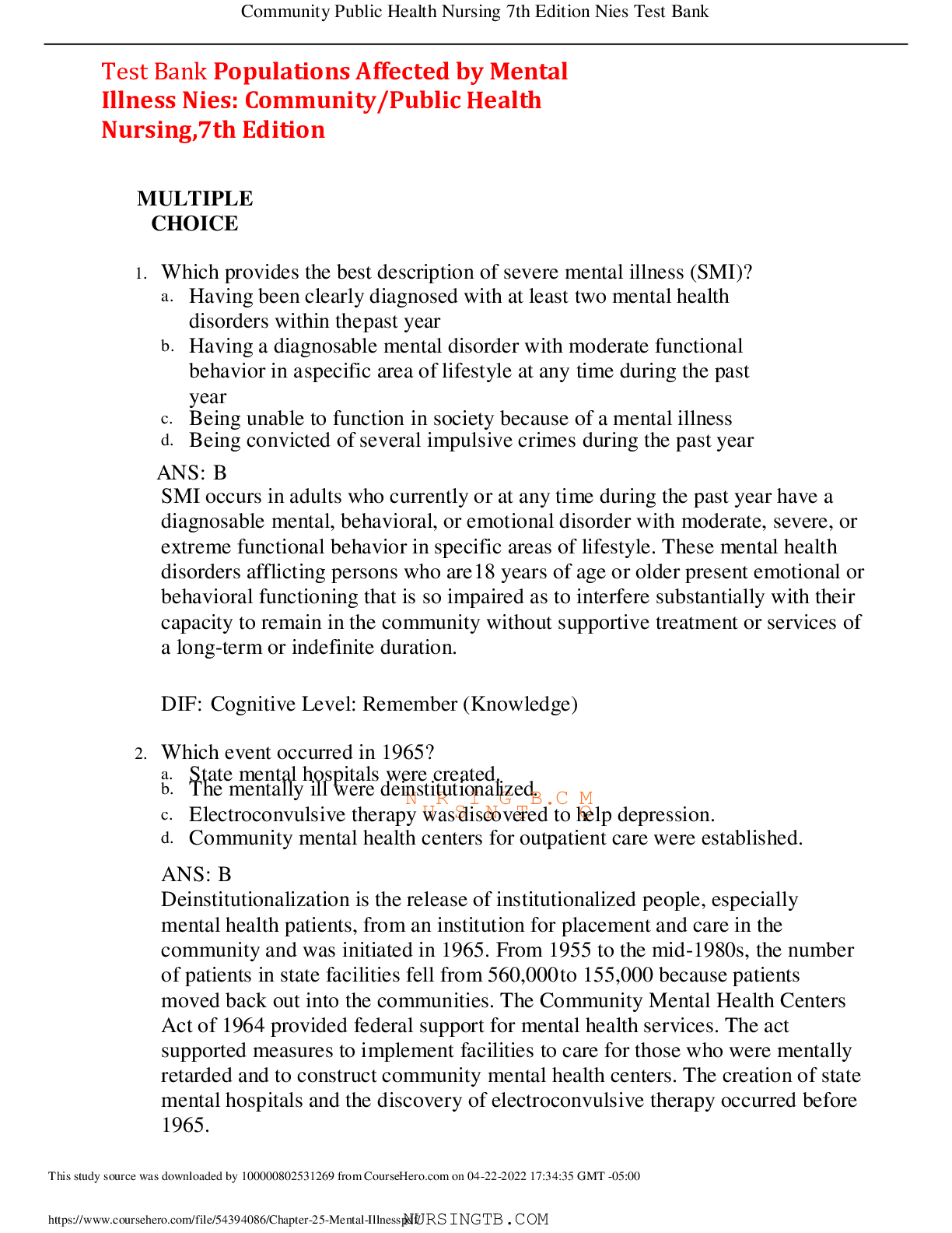 Preview image for Test Bank Populations Affected by Mental Illness Nies: Community/Public Health Nursing,7th Edition