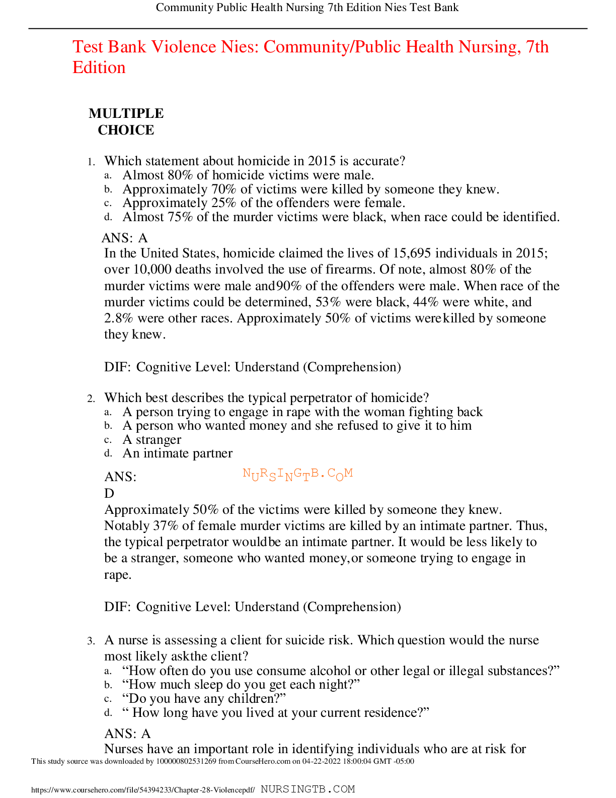 Preview image for Test Bank Violence Nies: Community/Public Health Nursing, 7th Edition