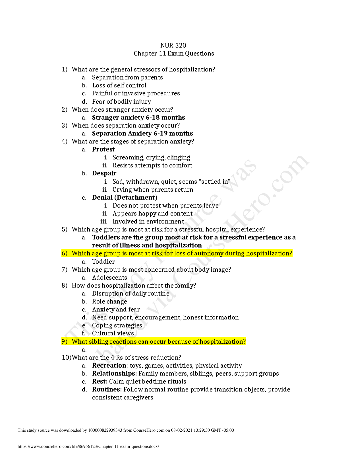 Preview of NUR 320 Chapter 11 Exam Questions and answers