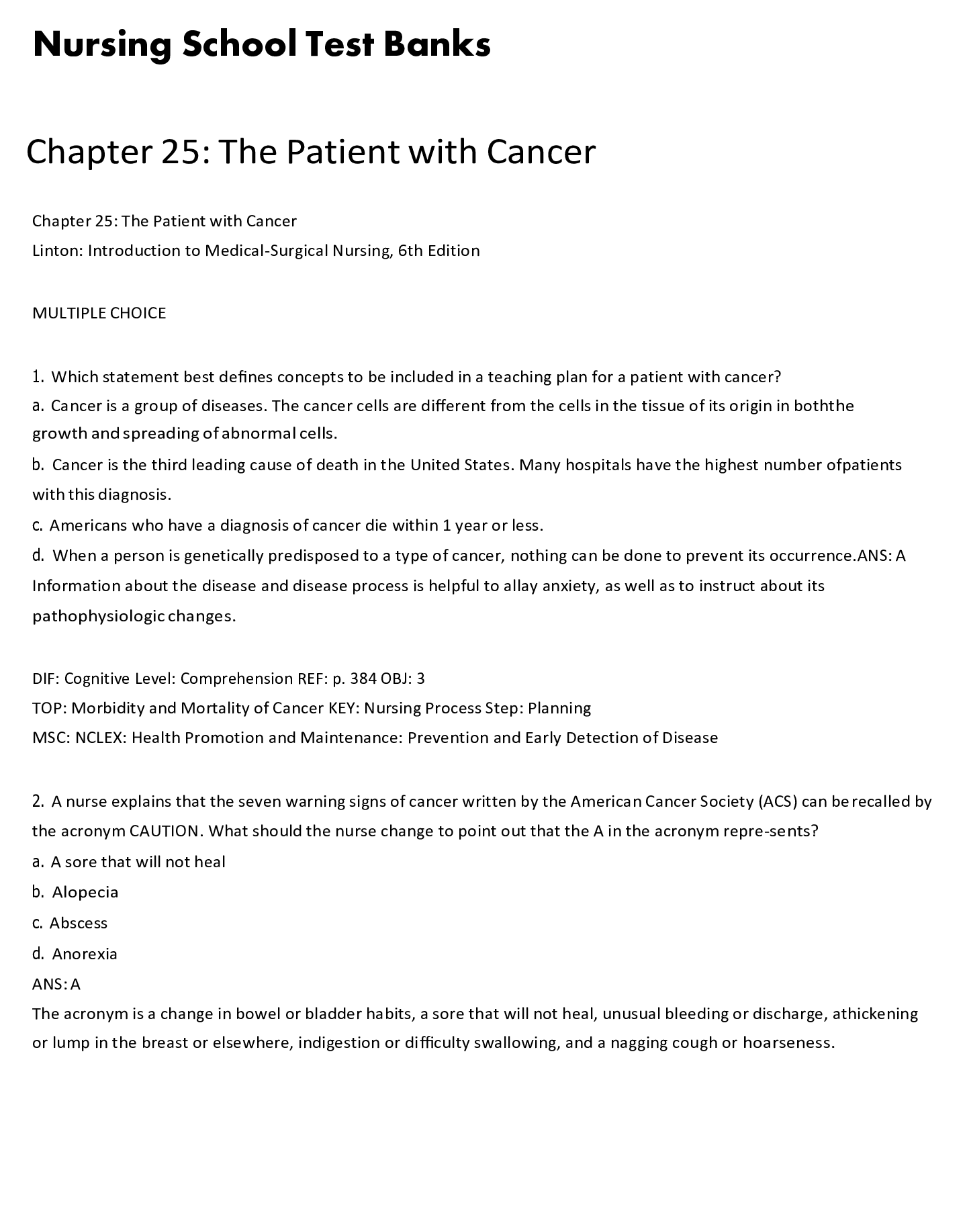 Preview image for Nursing School Test Banks Chapter 25: The Patient with Cancer