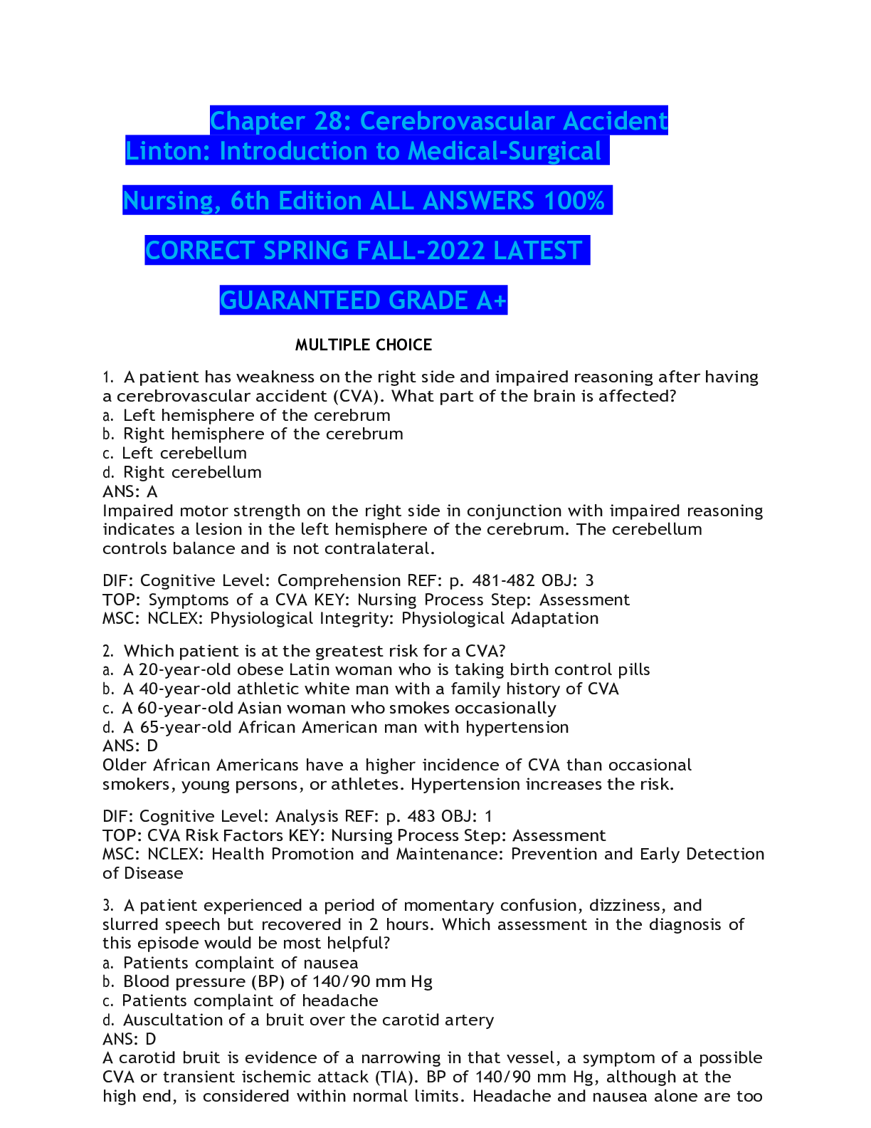 Preview of Chapter 28: Cerebrovascular Accident Linton: Introduction to Medical-Surgical Nursing, 6th